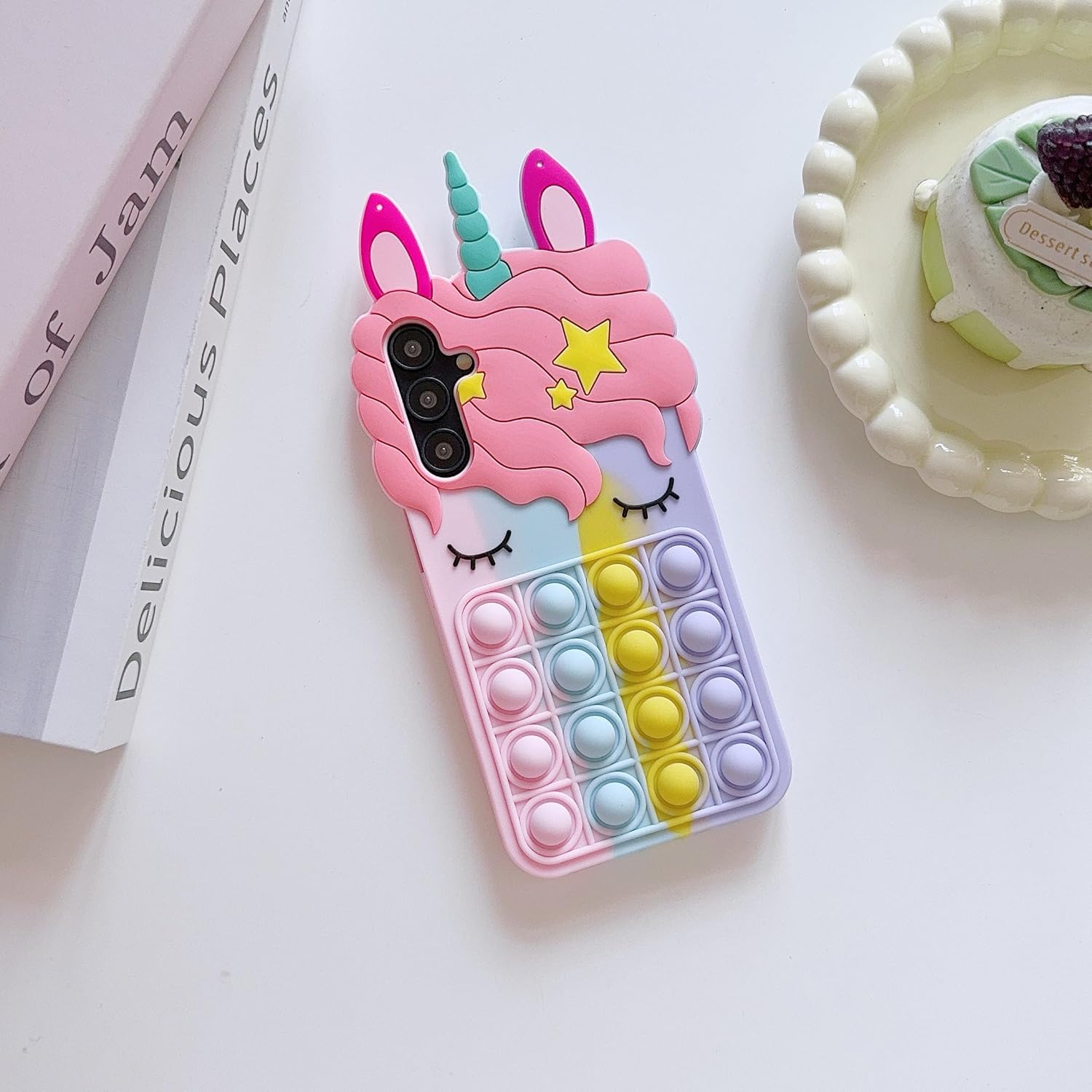 Stress Relief Phone Case for Samsung Galaxy A15 5G 6.5 inch 2023 with Strap,3D Cute Cartoon Kawaii Girls Women Kids Push Pop Bubble Unicorn Character Soft Silicone Case(A15 6.5 inch)