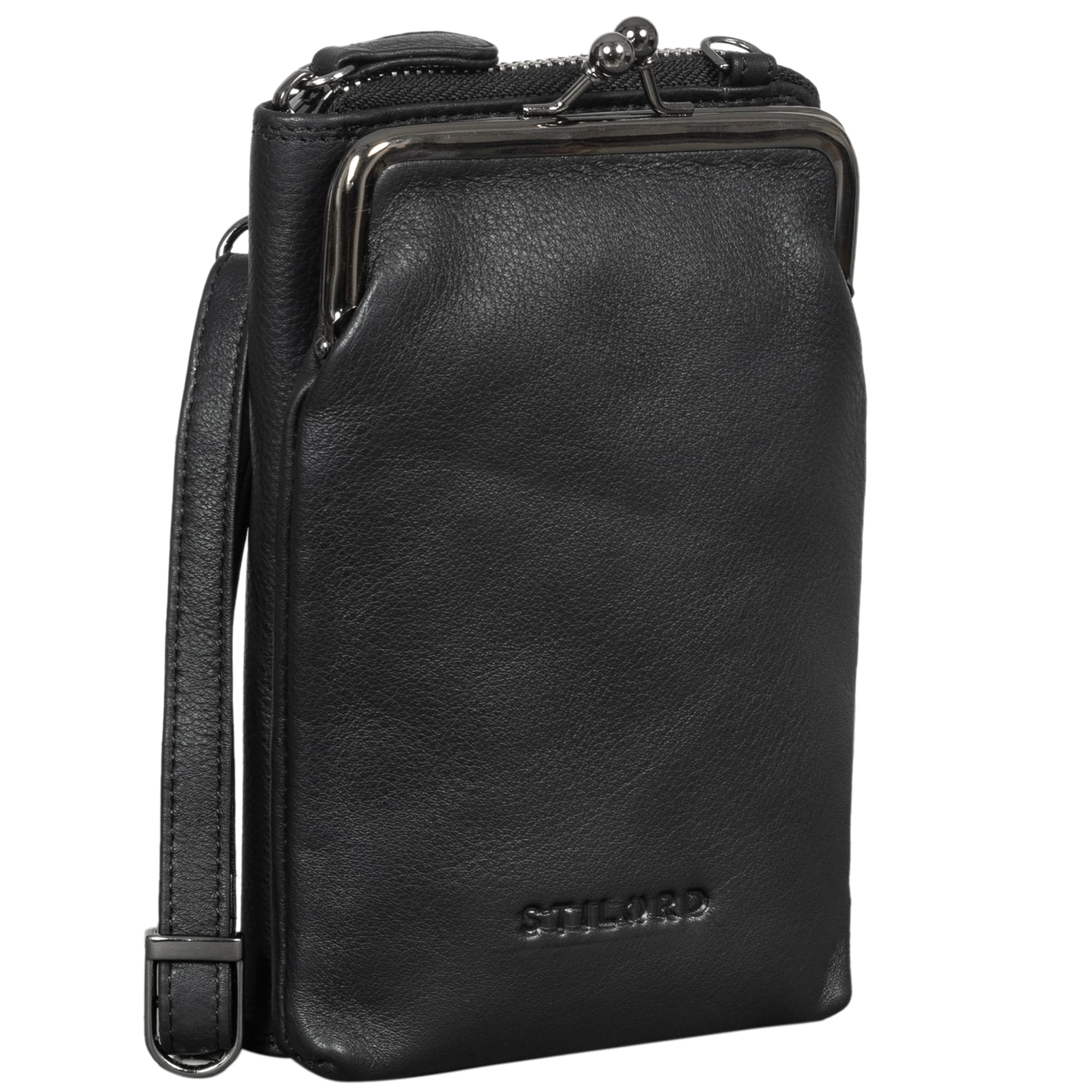 STILORD 'Brea' Echt-Leder Vintage Damen-Geldbörse mit Handytasche zum Umhängen mit Kiss-Lock-Verschluss, NFC und RFID Schutz ideal als Umhängetasche Crossovertasche, Farbe:schwarz