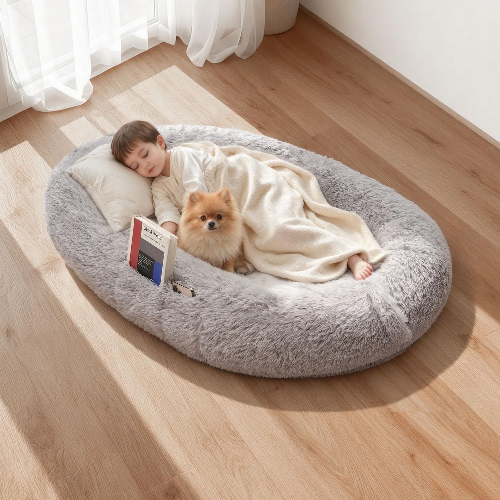 VEVOR Cama para Perros de Diseño Ovalado, de Espuma Viscoelástica, Tamaño Humano, con Bolsillo Lateral, Asa y Cremallera, Funda Extraíble y Lavable a Máquina, Color Gris, 1320 x 860 x 240 mm