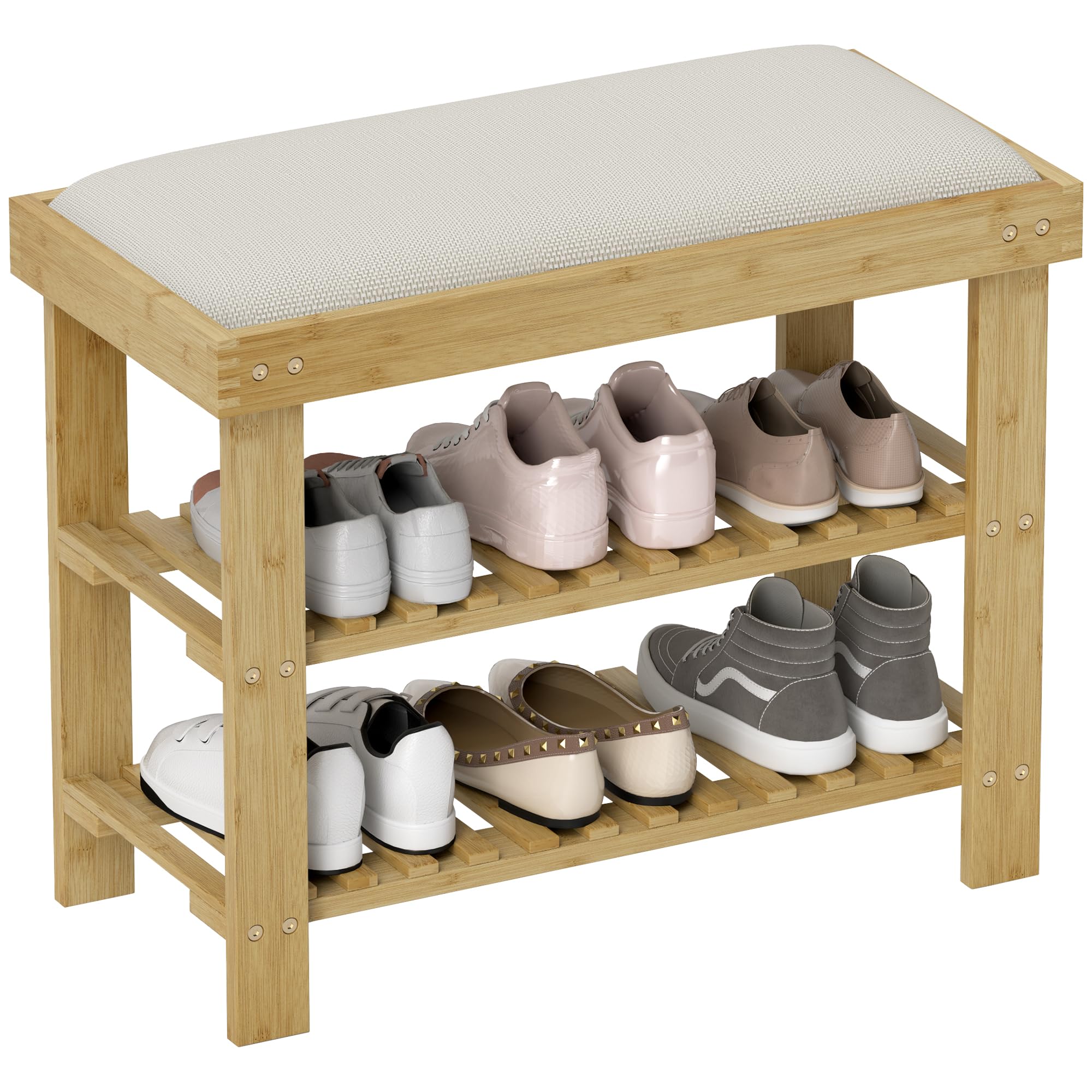 HOMCOM Banc à Chaussures en Bambou 60 x 29 x 49 cm, Crème et Bois Naturel | Étagère à Chaussures à 3 Niveaux, Style Scandinave, Banc de Rangement, pour Entrée, Salon, Chambre, Charge 150 Kg