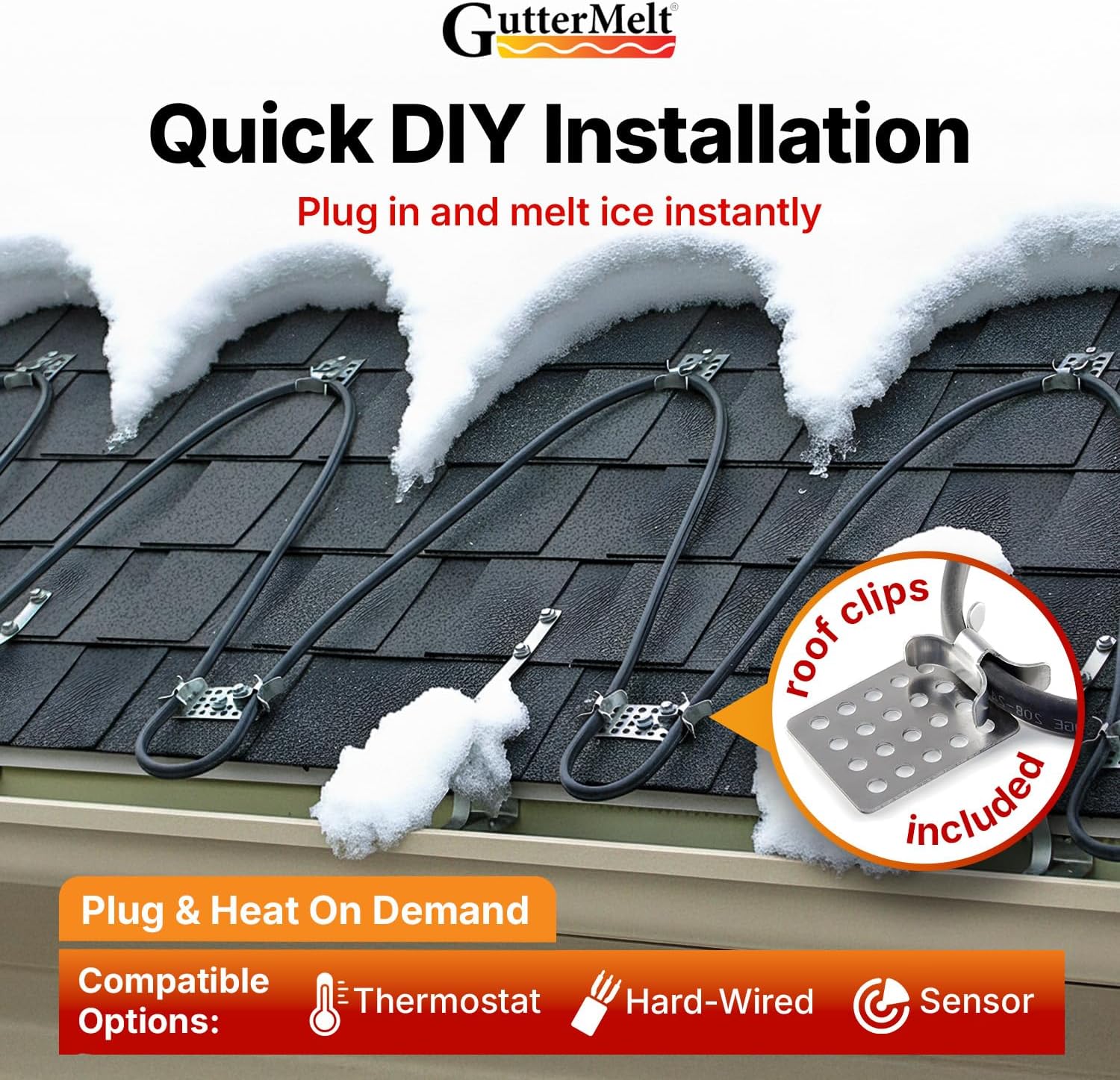 Heat Trace Cable for Gutters - 110 Feet, 8.25 Amps, 990 Watts, 120V Self Regulating Gutter Heat Cable for Metal Roof, Heated Gutter Cables, Ice Dam Melt Tape, Snow Cables, Roof Ice Melt System