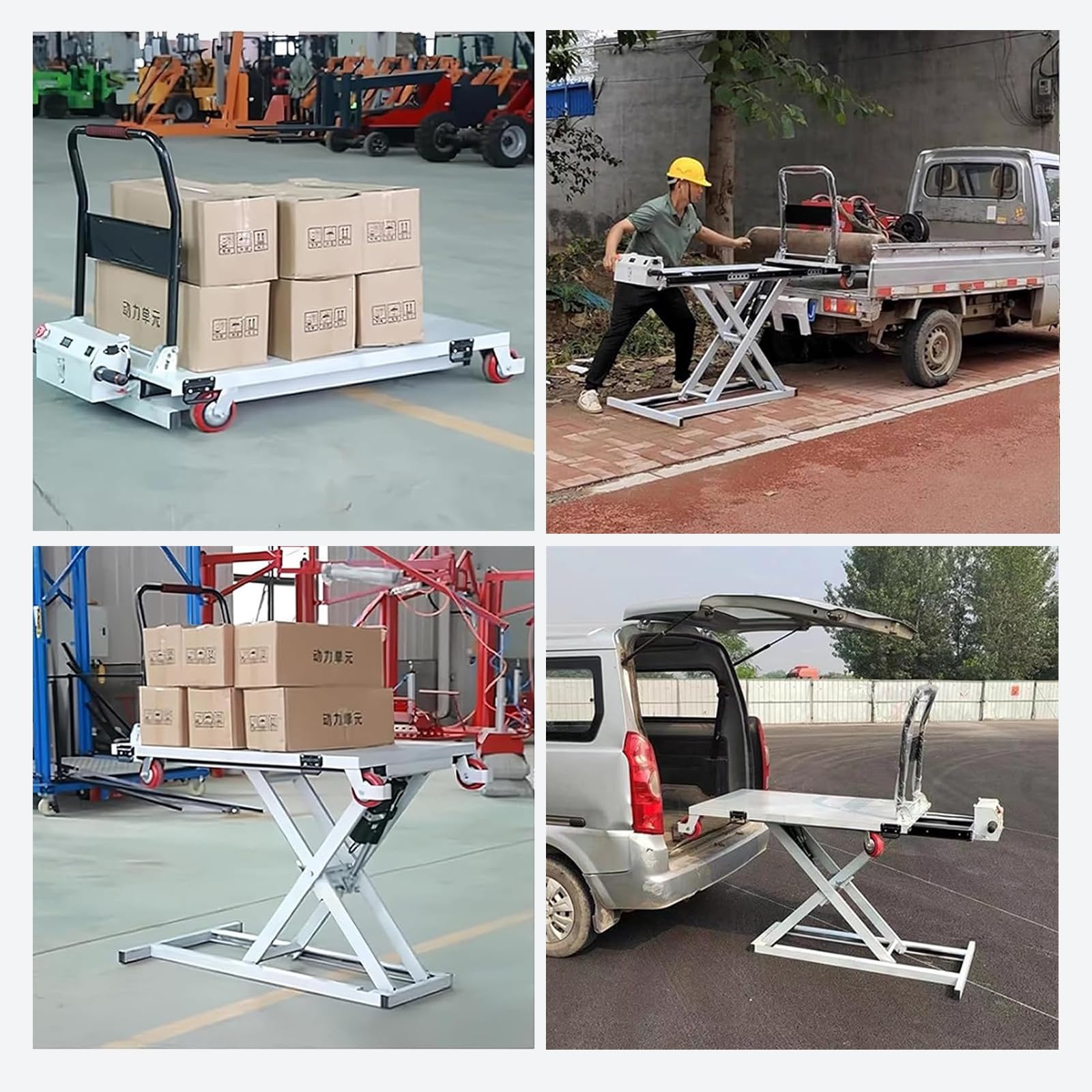 Carrello elevatore elettrico idraulico a forbice, capacità 300 kg, 4 ruote, ideale per movimentazione e trasporto di materiali, attrezzature di sollevamento pesanti e portatili