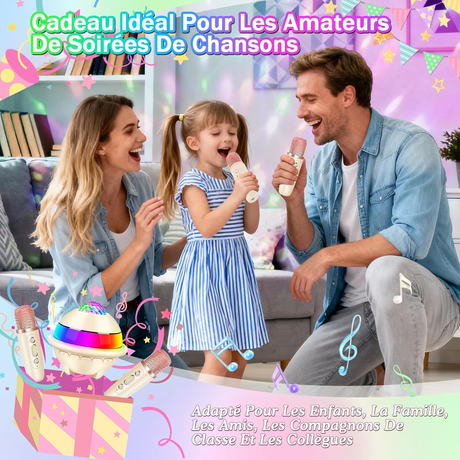 JONRRYIN Micro Karaoke Enfant avec Lumineux LED Disco, Enfant Enceinte Karaoké Portable avec 2 Microphone sans Fil Bluetooth, Micro Enfant pour Chanter, Jouet Cadeau Paques Fille (Blanc)