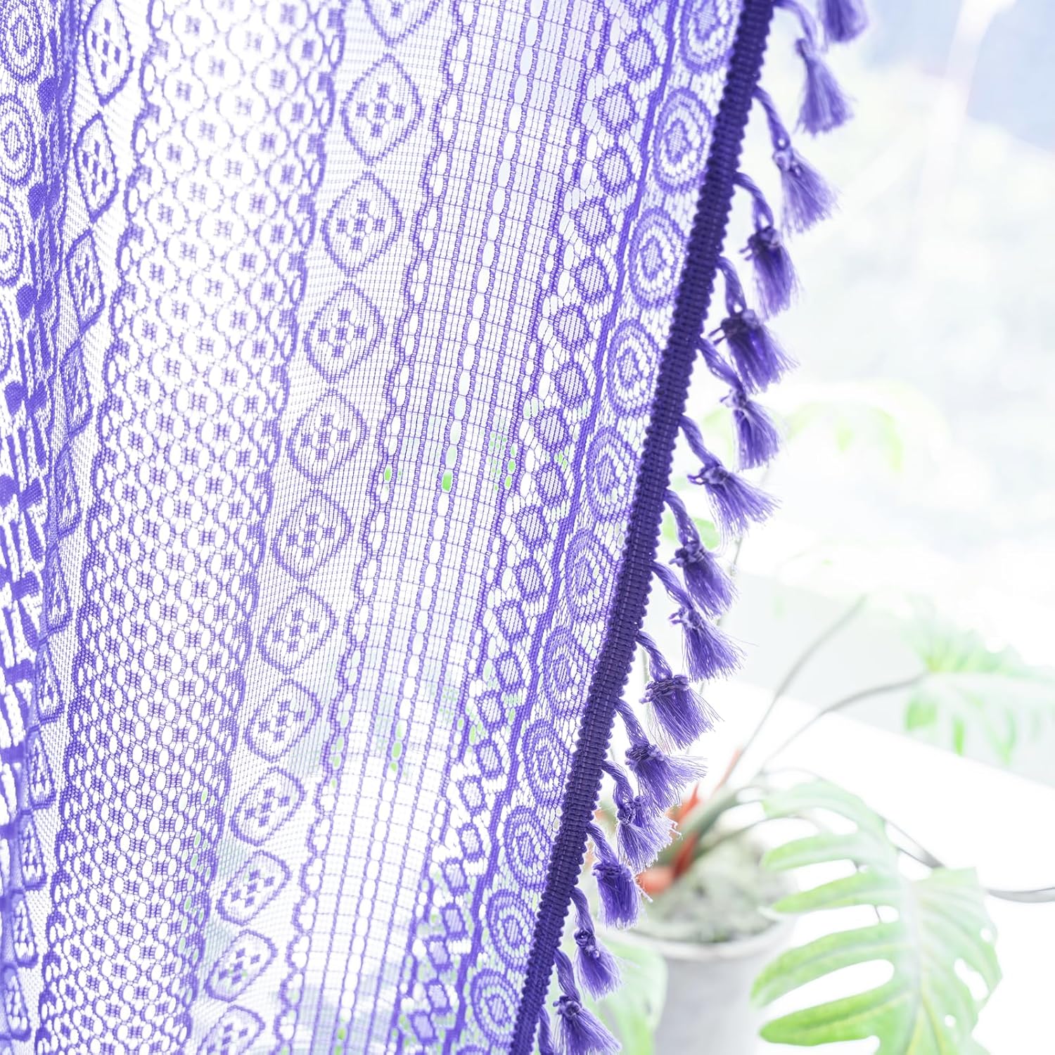 Deeprove Purple Boho Curtain 84 Inches Long for Bedroom Living Room Kitchen, Bohemian Sheer Lace Crochet Curtain Knitting Handmade Tassels, Window Treatment Vintage Decor W59 x L84, 1 Panel