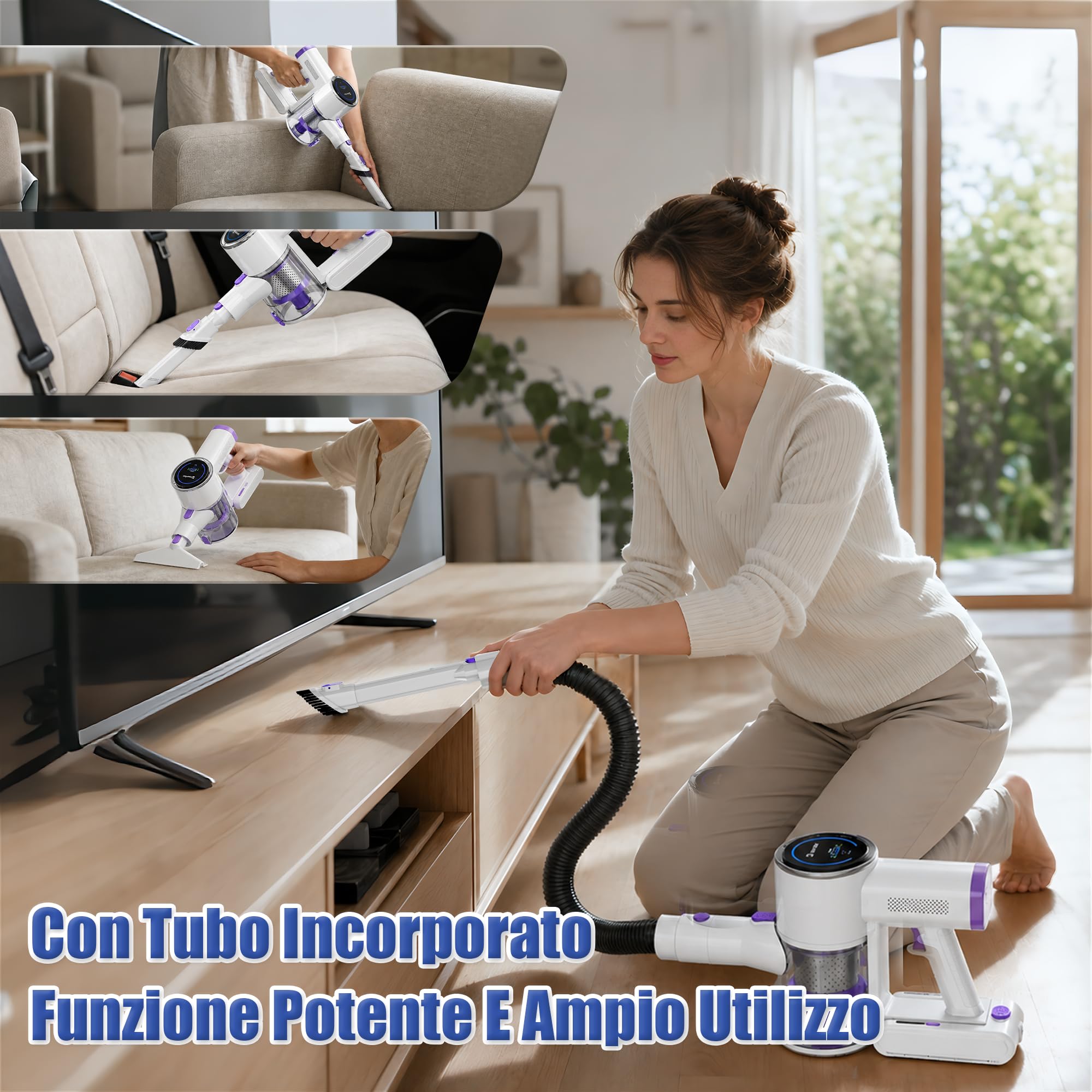 Hearten Aspirapolvere senza Fili con Tubo & Spazzola Triangolare, 40000Pa/450W/40Min, Display LED, Spazzola Antigroviglio Avanzata, Leggera, Autoportante, Silenzioso, per Peli/Pavimenti(Viola-bianco)