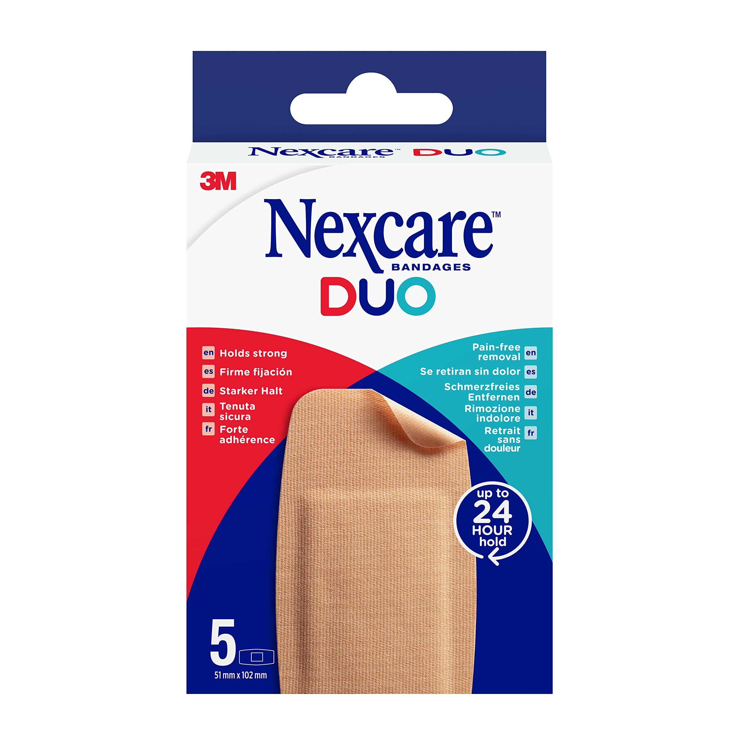 Nexcare DUO Plasters MAXI, 51 mm x 102 mm, 5 Plasters per Pack, Holds Strong for up to 24 Hours, Pain-free Removal, Water Resistant for Wounds and Minor Scratches, Bandages for First Aid Kits
