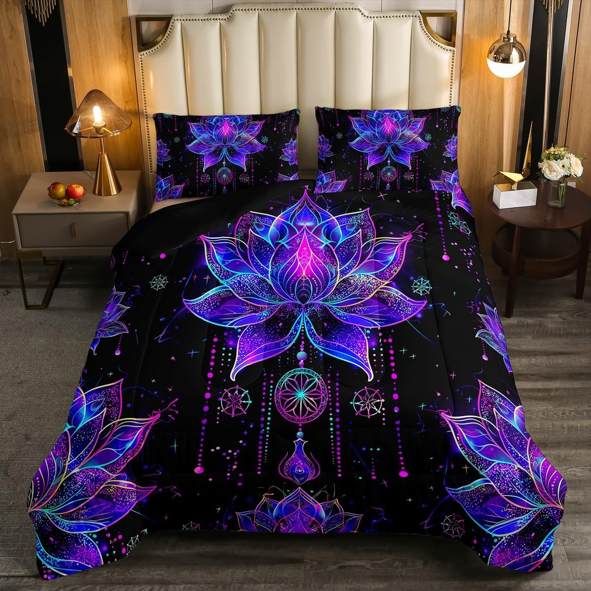Erosebridal Lotus Queen Comforter Set Dreamy Mandala Bedding Set,Boho Floral Quilt Exotic Tribal Damask Flowers Duvet Insert,Artsy Nordic Psychedelic Bohemian Decor,Teal Purple