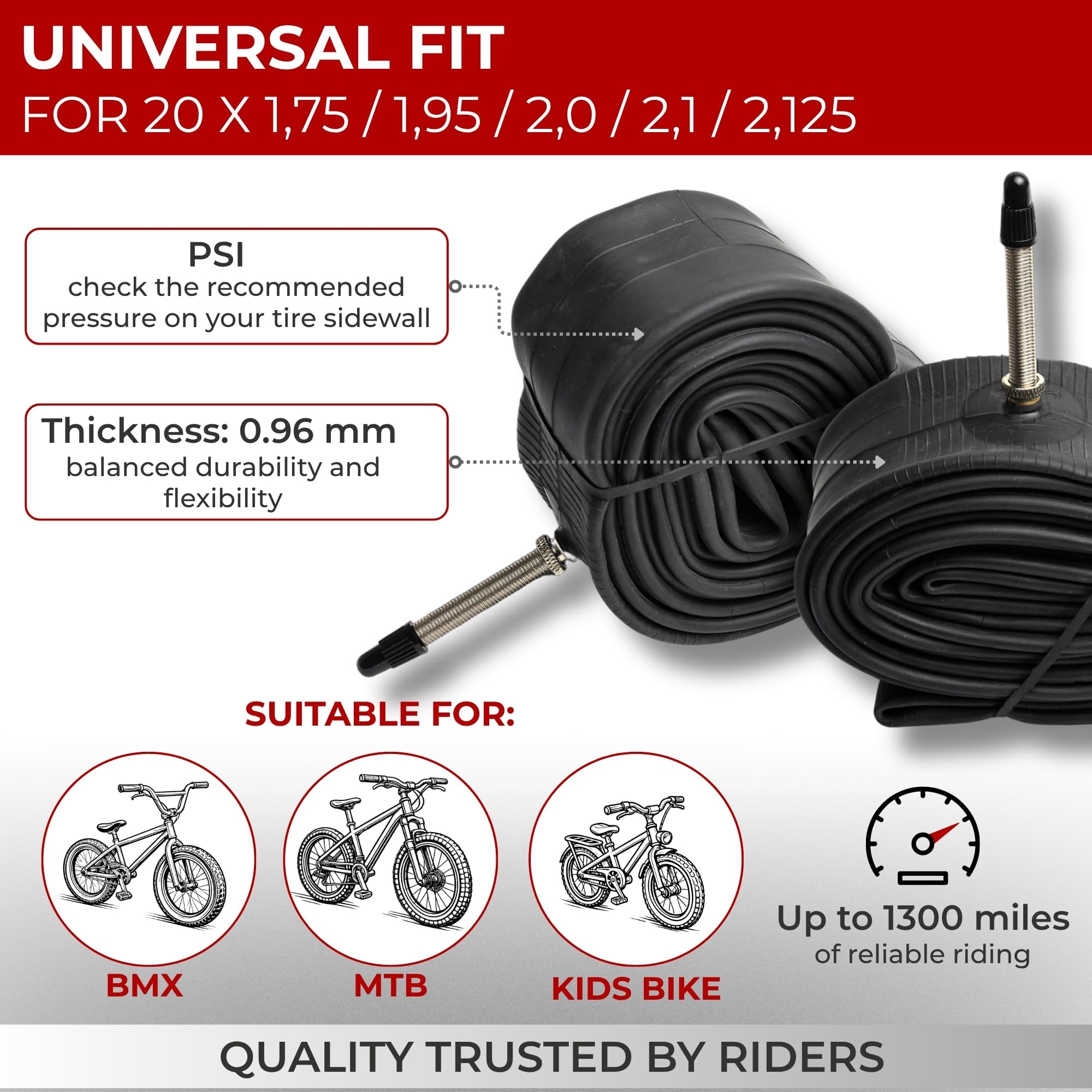 Camera D'Aria Fincci 20 X 1.75-2.125 Pollici Con Valvola Presta 48mm – Gomma Butilica Di Qualità Per Bici BMX, MTB, Bambini E Città