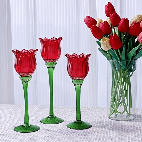 Miniatura 3 de VOHO Portavelas de tulipanes rojos, regalos para aniversario, portavelas rojo para Navidad, vacaciones, San Valentín, portavelas de té de tulipán,