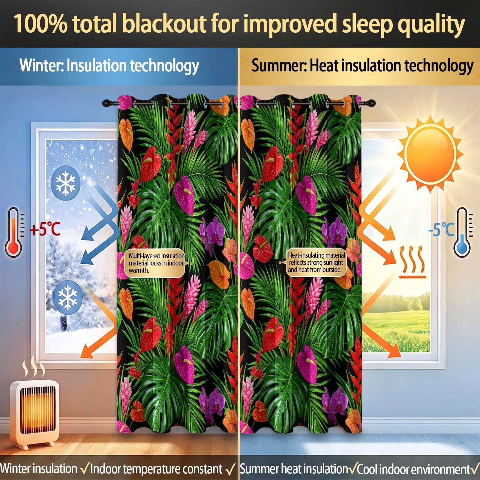 Grün Natürlich Tropischer Stil Vorhänge, Pflanzen Monstera Blumen Anthurien Orchideen Wärmeisolierte Raumverdunkelnde Vorhänge, Energieeffiziente Vorhang für Wohnzimmer Schlafzimmer, H245 x B100 cm