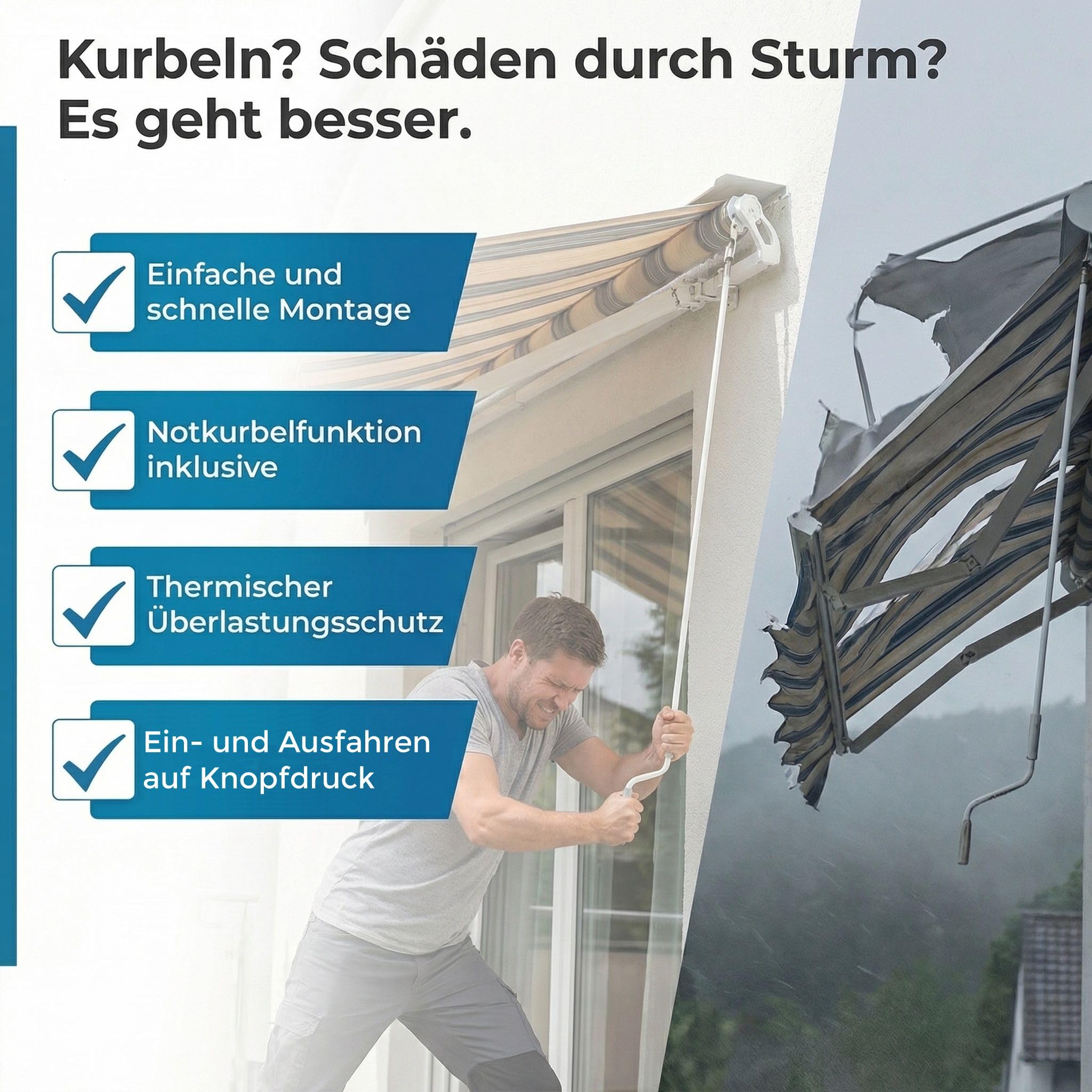 h Markisenmotor-Set 50 Nm mit Notkurbelfunktion & Funk – Inkl. 1-Kanal Handfunksender – Universell für Gelenkarm-, Kassetten- & Fallarmmarkisen bis 24 m² – 78 mm Rund & 60 mm 8-Kant