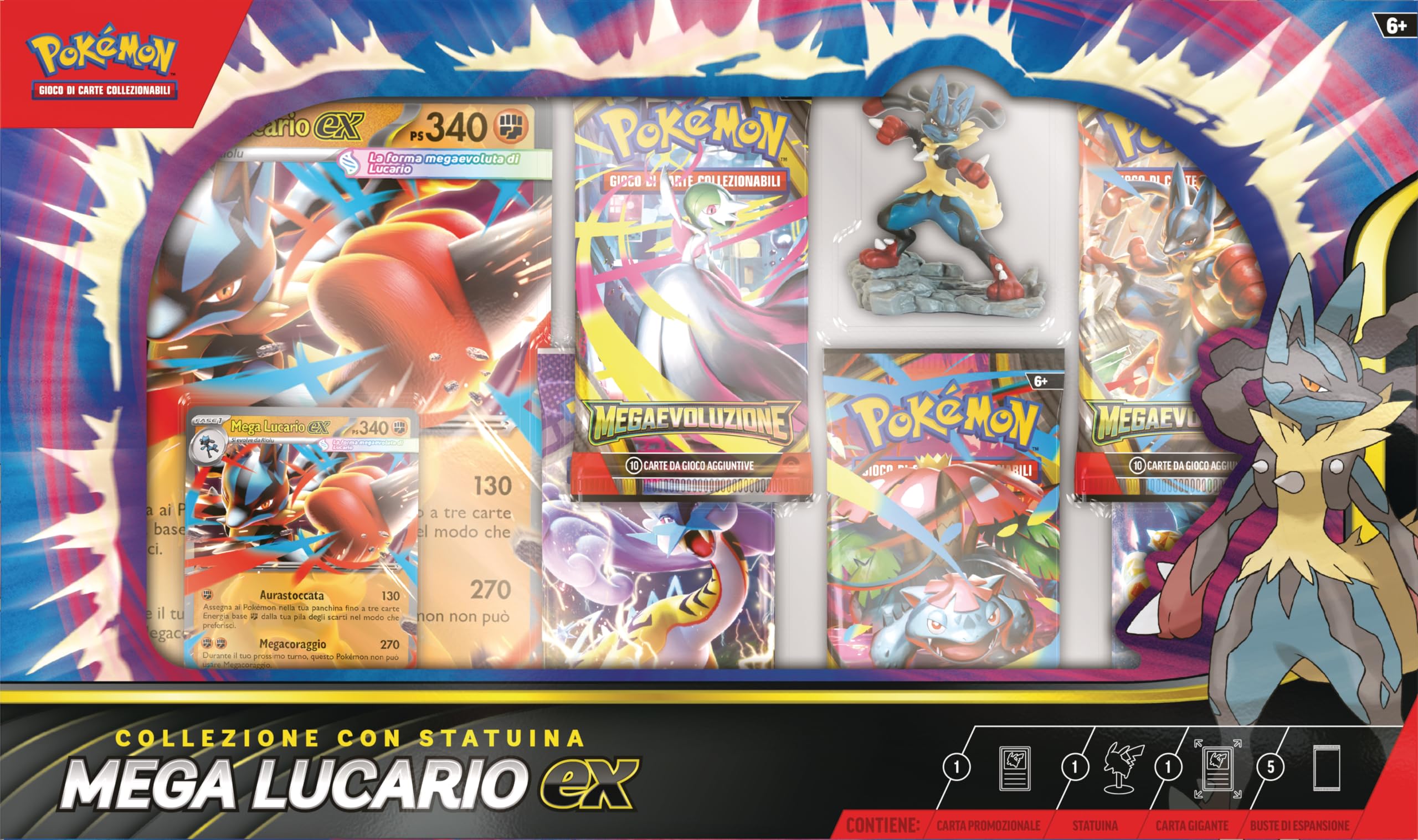 Pokémon: collezione con statuina Mega Lucario-ex del (una carta promozionale olografica, una carta promozionale gigante, cinque buste di espansione e una statuina di Mega Lucario)