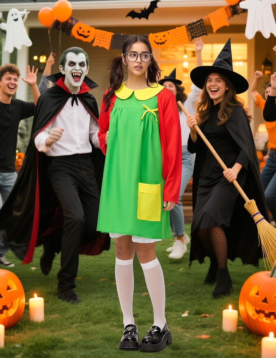 Halloween Costume for Adult Women Green Dress Red Knit Cardigan Shorts Set Mexican TV series Cosplay Party Outfit - Image 7