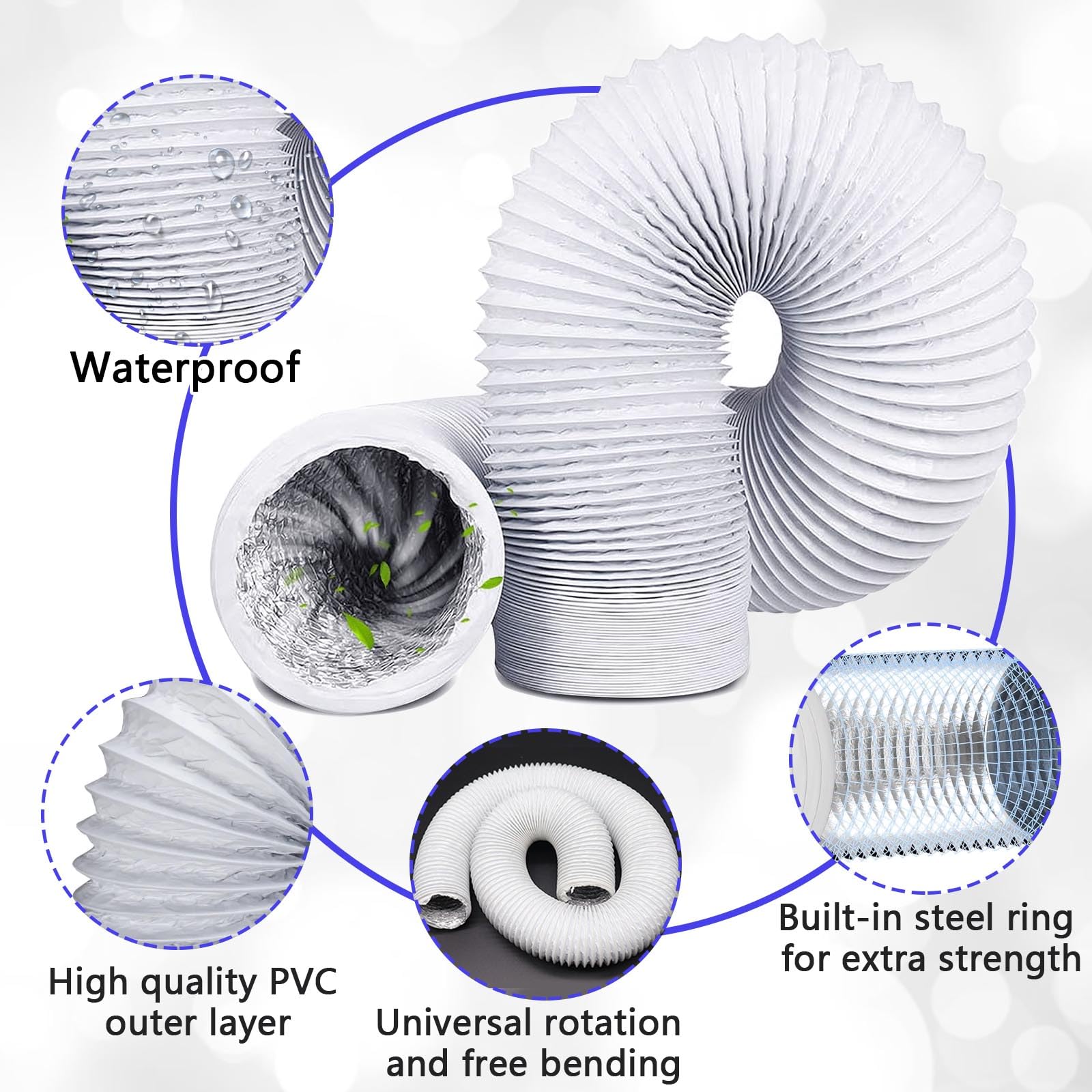 80mm Tumble Dryer Vent Hose 4.2m Long PVC Aluminium Flexible Ducting Hose with 2 Clamps,1 Volume Tape White Air Ducting Vent for Air Conditioner HVAC Ventilation - Image 3