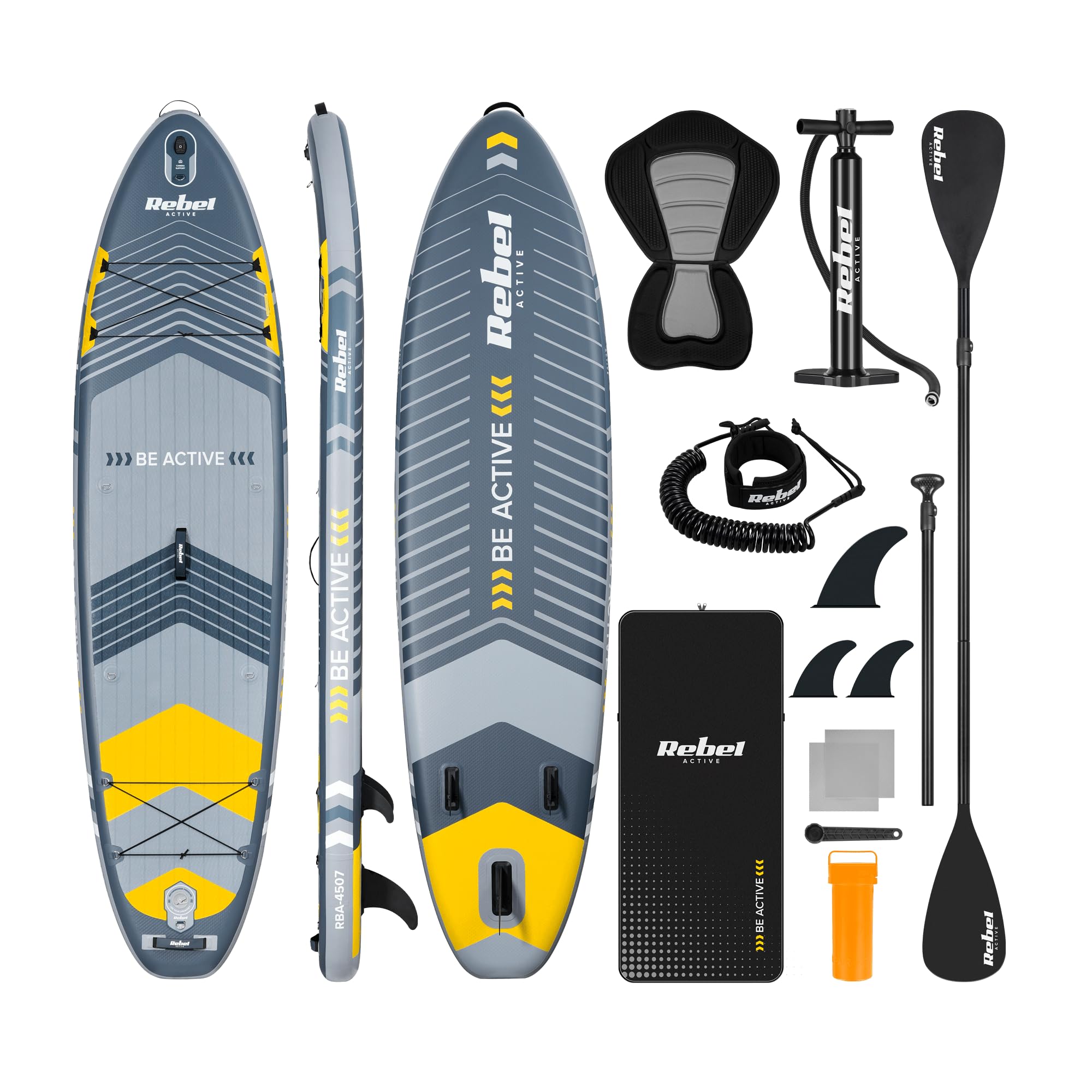 Rebel Brett SUP gepumpt mit Schwimmsitz Drop-Stitch 335 cm Set Paddel Pumpe Rucksack RBA-4507-G