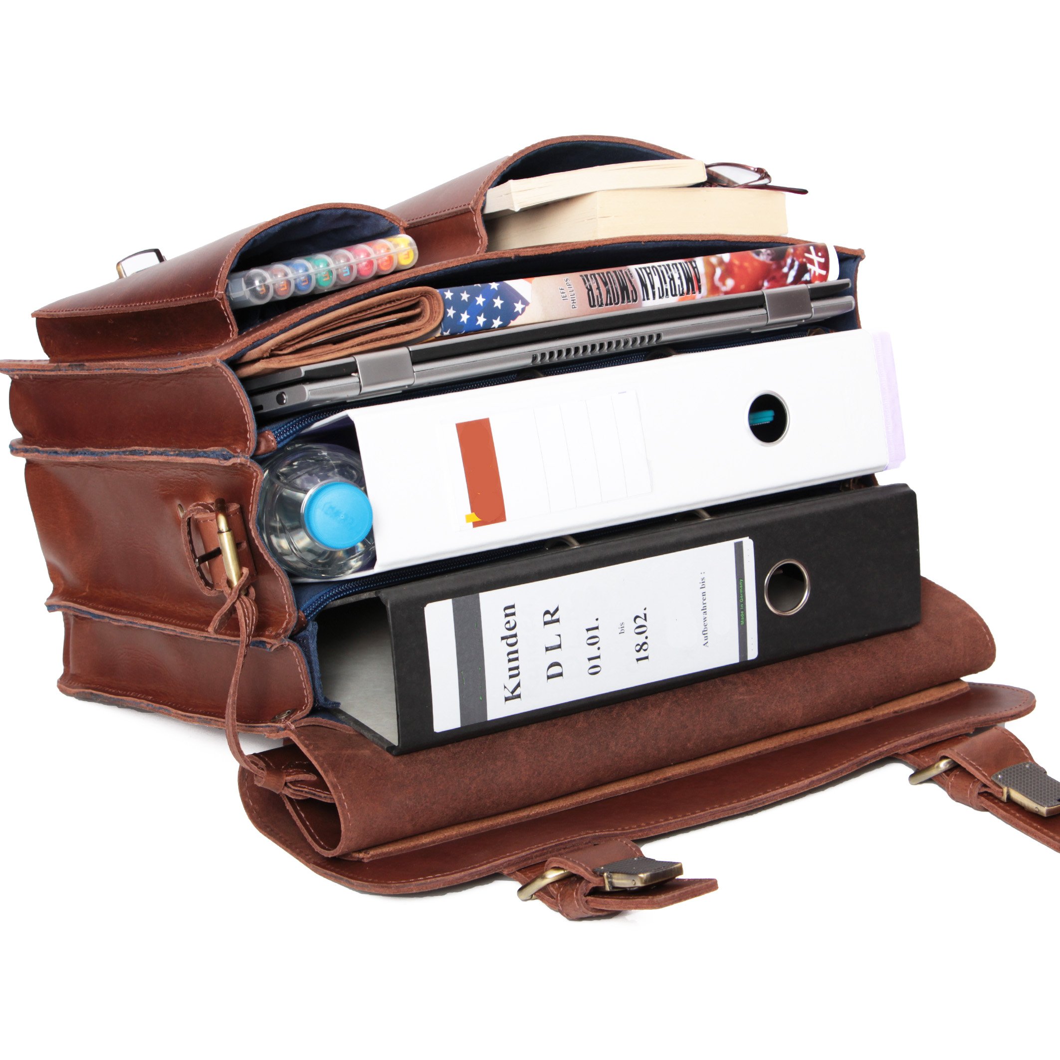 ALMADIH Leder XXL Aktentasche SAM handgefertigt, 3 große Fächern - robustem Rindsleder braun Vintage, Lehrertasche Anwalttasche Laptoptasche Notebook Unitasche Businesstasche Umhängetasche