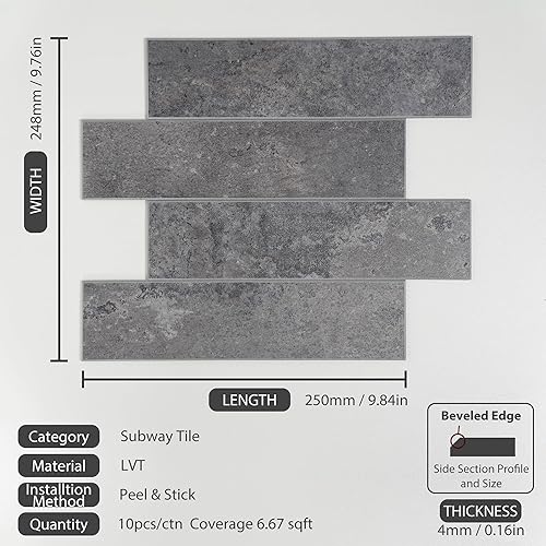 Miniatura 2 de W&S - 10 hojas para despegar y pegar para cocina, azulejos de pared de metro gris oscuro autoadhesivos, azulejos decorativos de ladrillo, azulejos