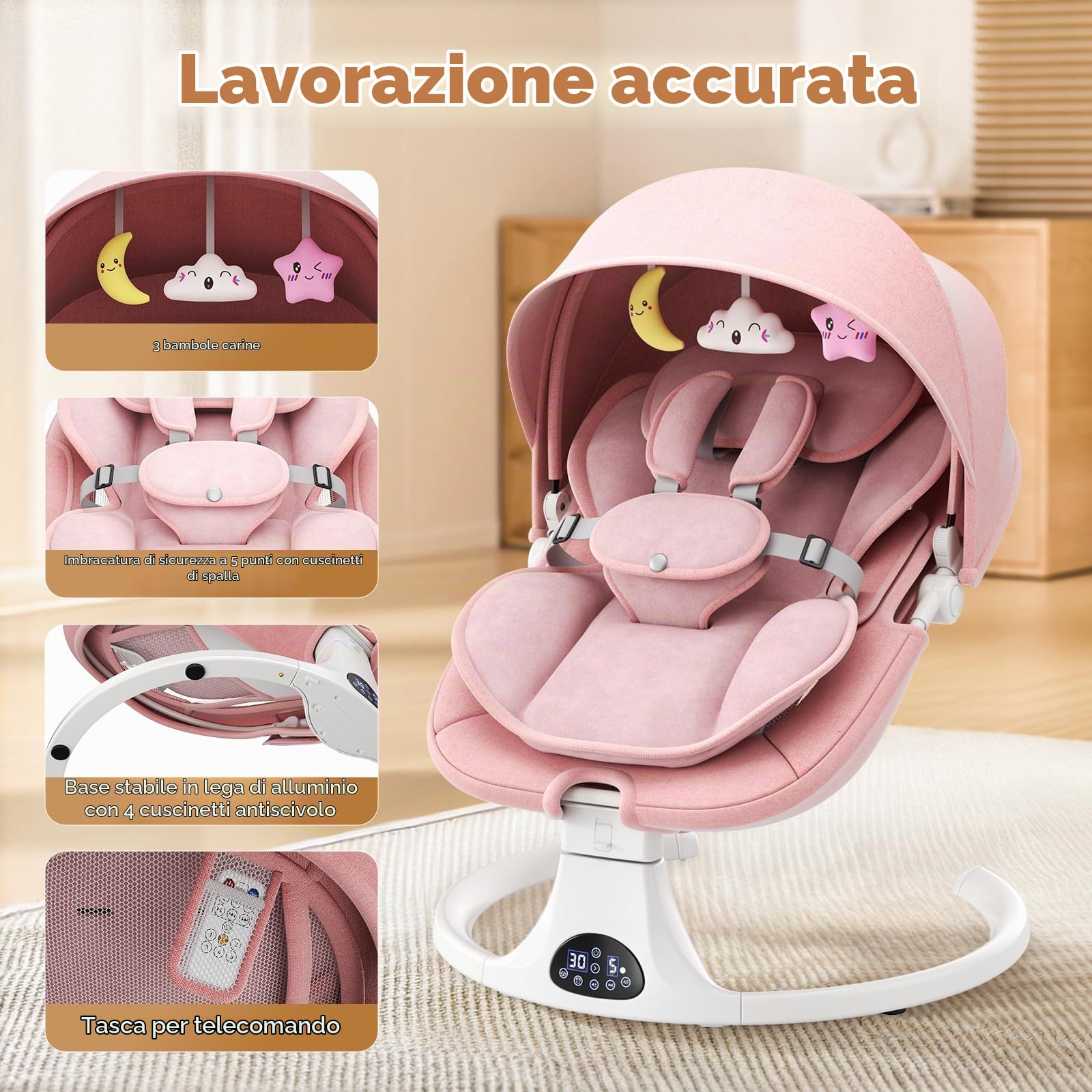 Sdraietta Neonati Elettrica 0-6 Mesi, Cintura di Sicurezza a 5 Punti, 5 Velocità, Timer a 3 Livelli, Dondolo Elettrico con Pannello Touch, Telecomando e Musica Per Interno & Esterno(Rosa)
