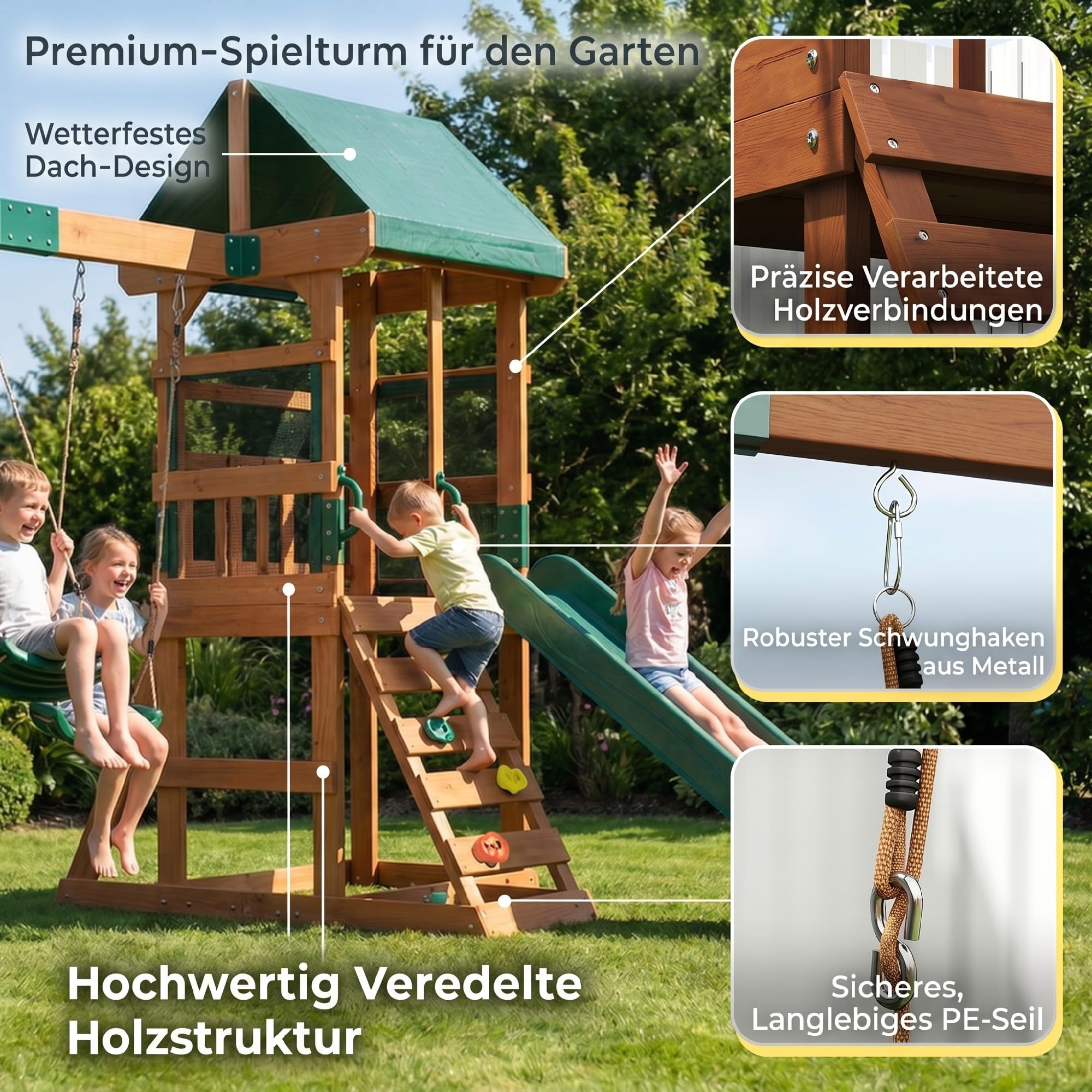 AIYAPLAY Spielturm mit 194,5cm Rutsche 2 Schaukeln für 3-8 315x284x233 cm | Kletterwand, Überdachtes Oberdeck, Outdoor Kinder Kletterturm, Aus Holz Spielhaus, Für Kinder von 3-8 Jahren