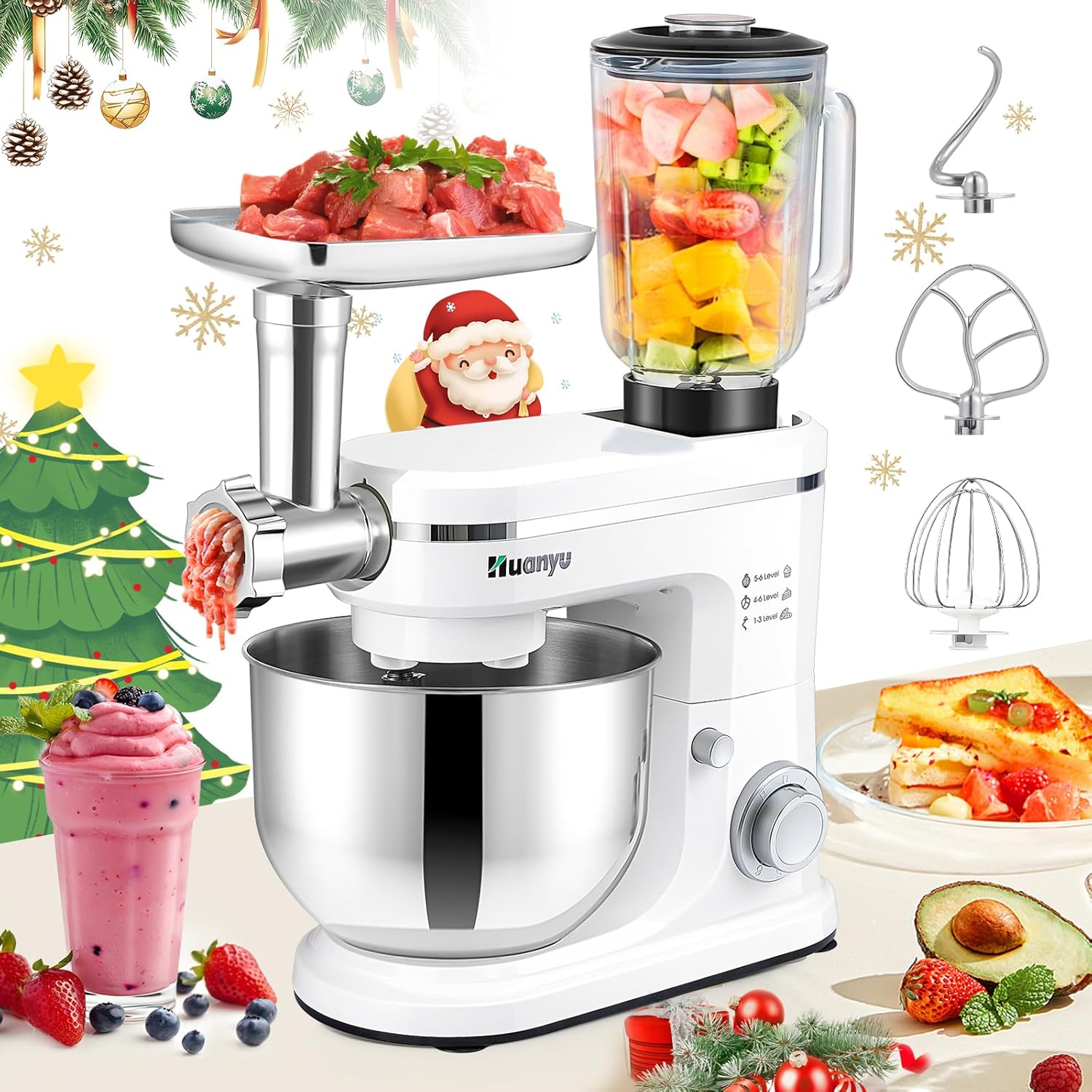 Huanyu Stand Mixer 3-In-1 Multifunctional with Meat Grinder, Mixers Kitchen Electric Stand Mixer, 6L Stainless Steel Bowl, 1.5L Blender, 6 Speed Adjustable