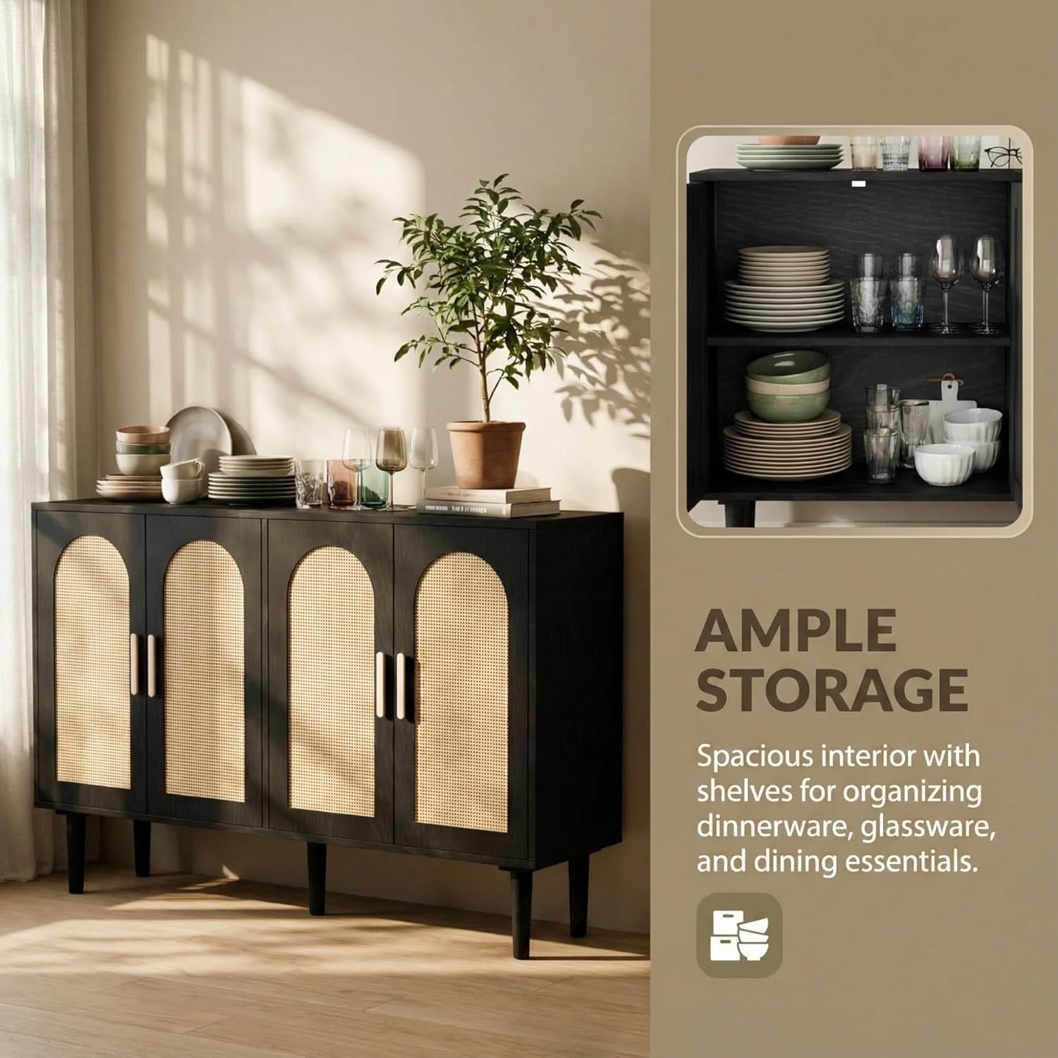 Sideboard Buffet Cabinet with Storage, 47 Inch Rattan Coffee Bar Cabinet with Artistic Carved Handle, Modern Kitchen Buffet Table for Dining Room, Living Room, Black & Oak