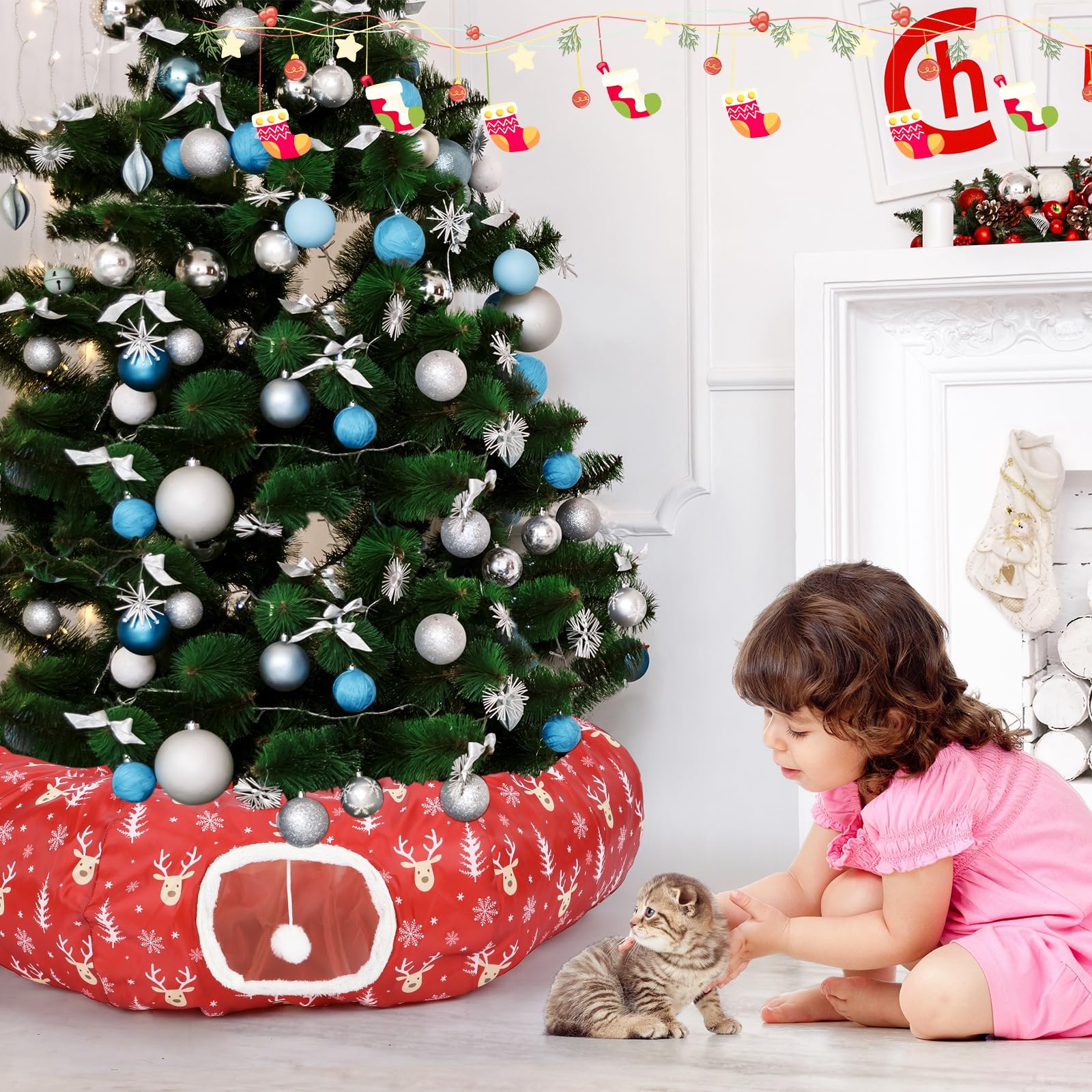 Túnel de Navidad para gatos, juguetes de cama para gatos de interior, túnel de tubo en forma de S con bola debajo del árbol de Navidad, cueva de gato, gatito, juguete, Papá Noel, alce,