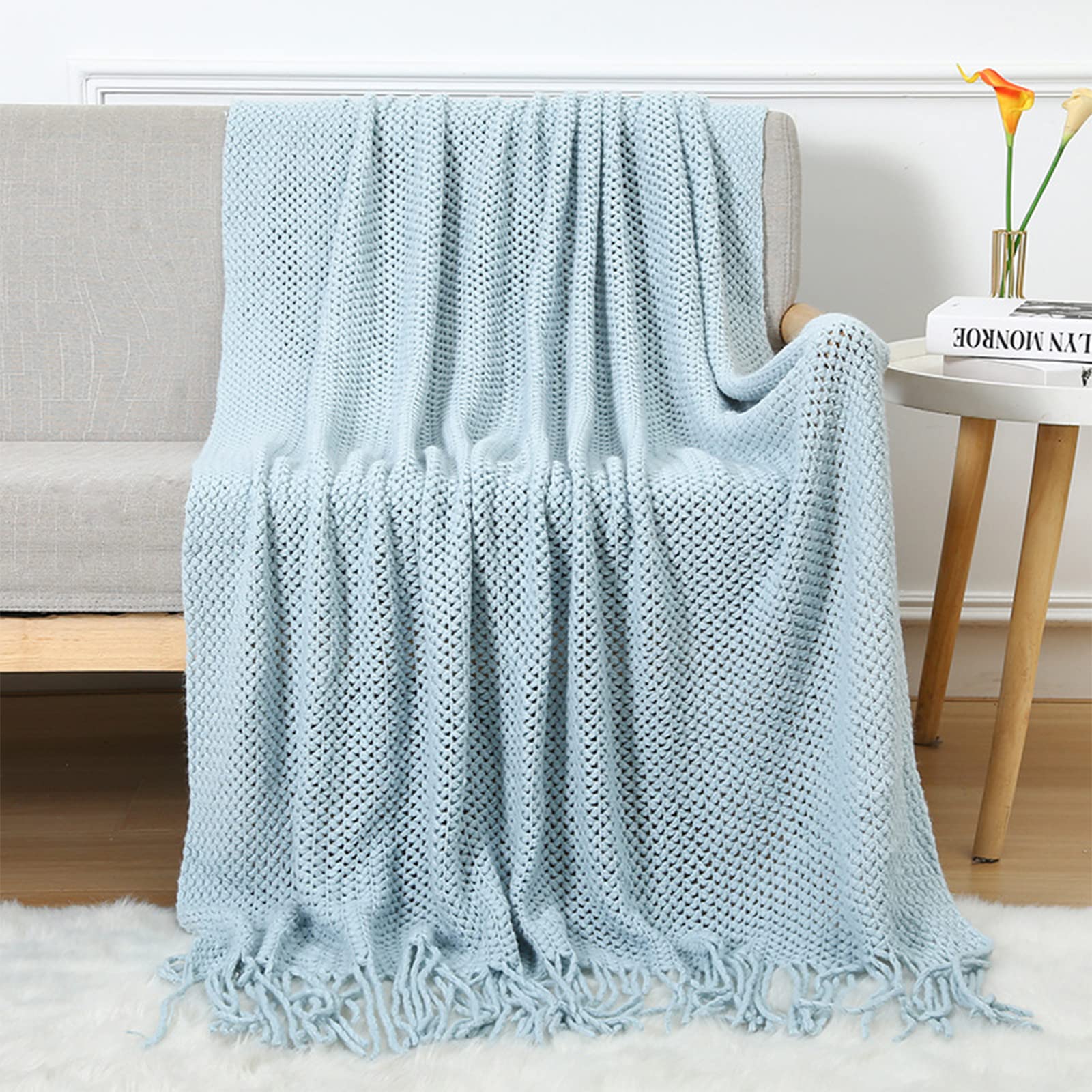 Lumisyne Light Blue Knitted Throw Blanket With Tassel Breathable Cellular Blanket Nordic Style Soft Cozy Couch Cover Decorative Blanket For Sofa Bed Settee Armchair