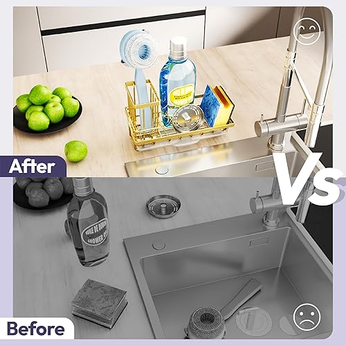 Miniatura 6 de SWTYMIKI Organizador de fregadero de cocina con soporte para cepillos desmontable, soporte de esponja de acero inoxidable con bandeja de goteo