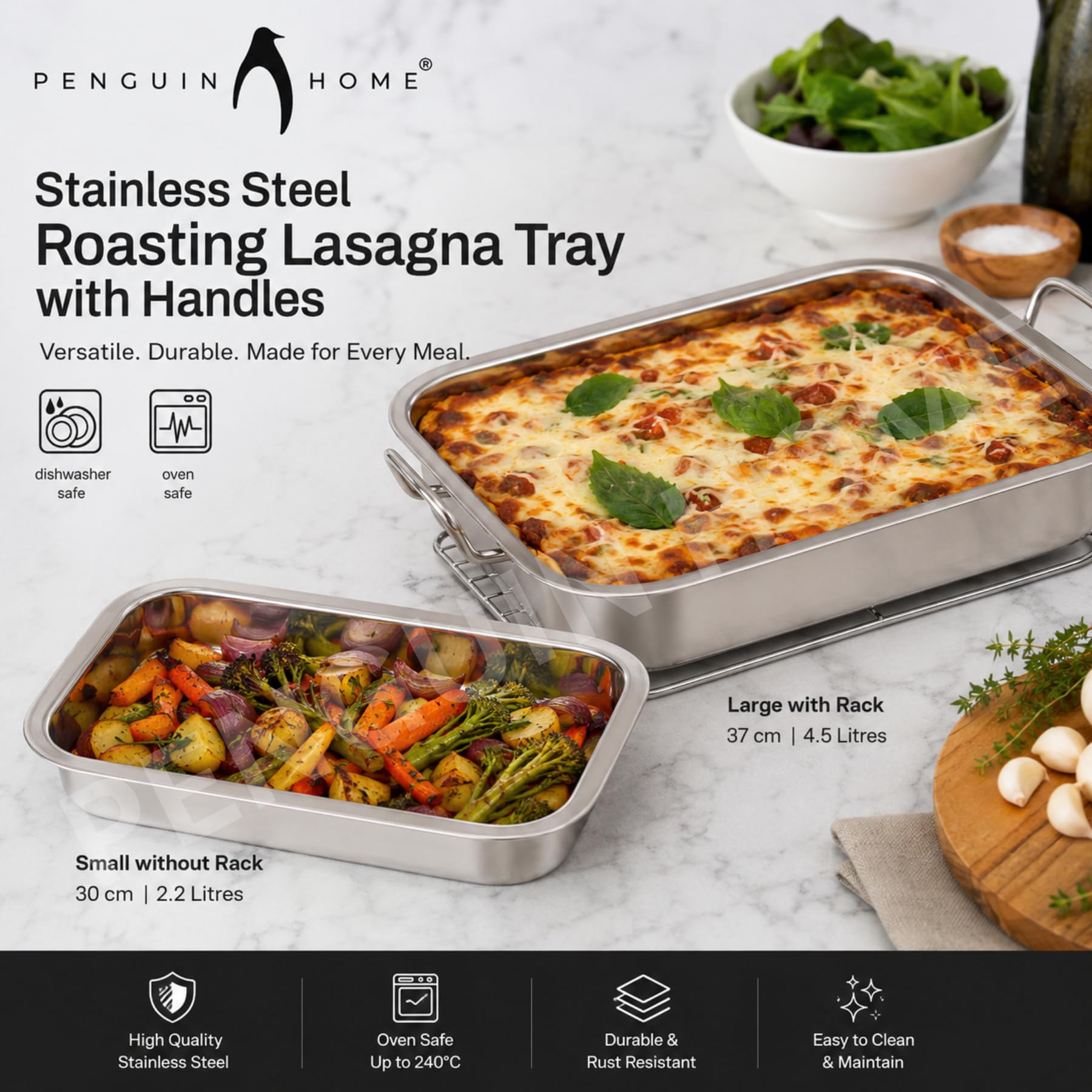 Penguin Home Premium Bräter aus Edelstahl mit Rost - Kompatibel mit allen Herdarten außer Induktion - Stabil und strapazierfähig - Abnehmbarer Grill, Bräter mit Griffen - Groß 37 x 28 cm…