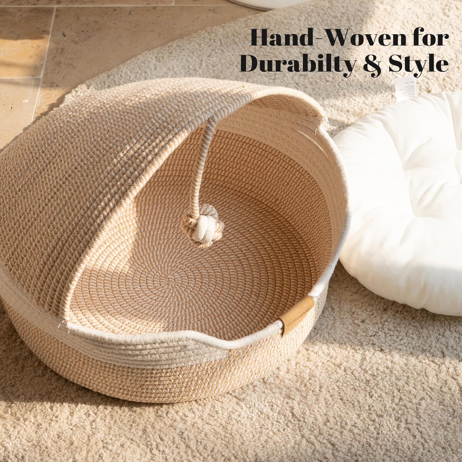 CHEERPALS Cat Basket Bed for Indoor Cats, Covered Pet Bed with Washable Cushion and Ball Rope Cotton Bed for Medium and Large Cat, All Season Universal(White)