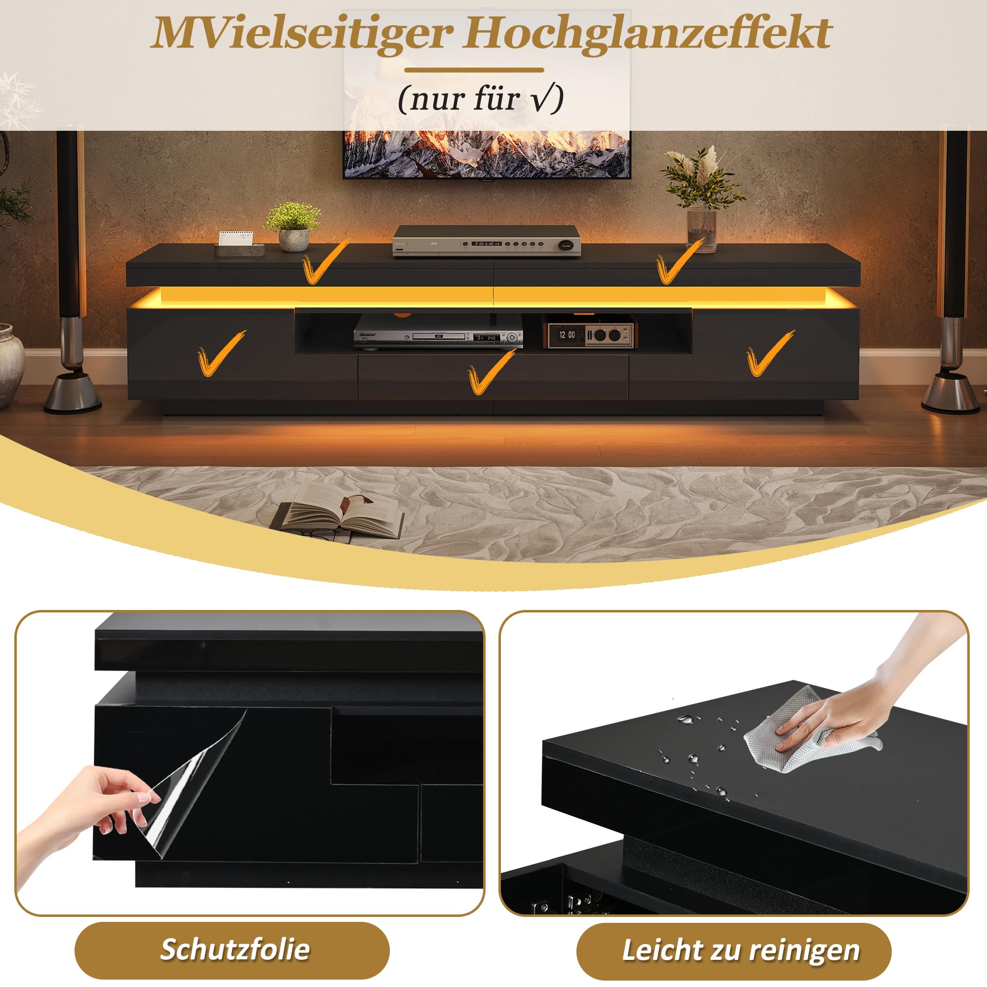 TV Schrank Lowboard mit LED 175 cm (Schwarz)