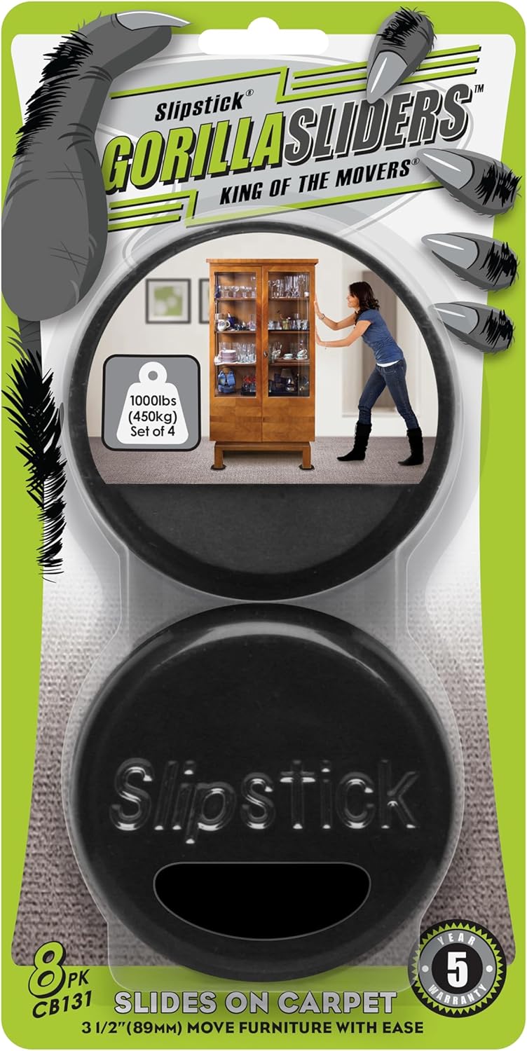 GorillaSliders 3-1/2 Inch Round Furniture Sliders for Carpet & Rugs (8 Pack) Premium Reusable Furniture Movers, Protects Carpeting & Makes Moving Heavy Furniture Easy, Black, CB131