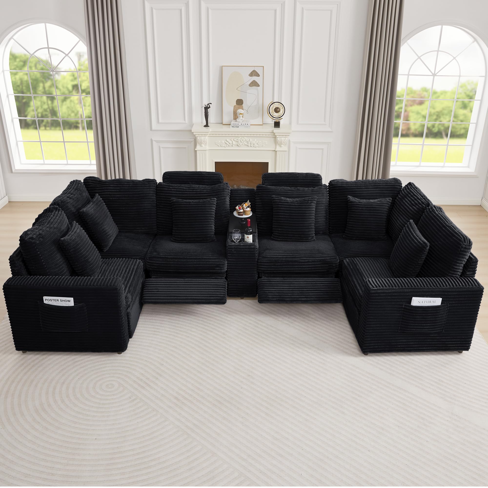 RARZOE Modular Sectional Sofa with 2 Power Recliner 6-Seater U-Shaped Corduroy Cloud Reclining Couch with Storage Console Charging