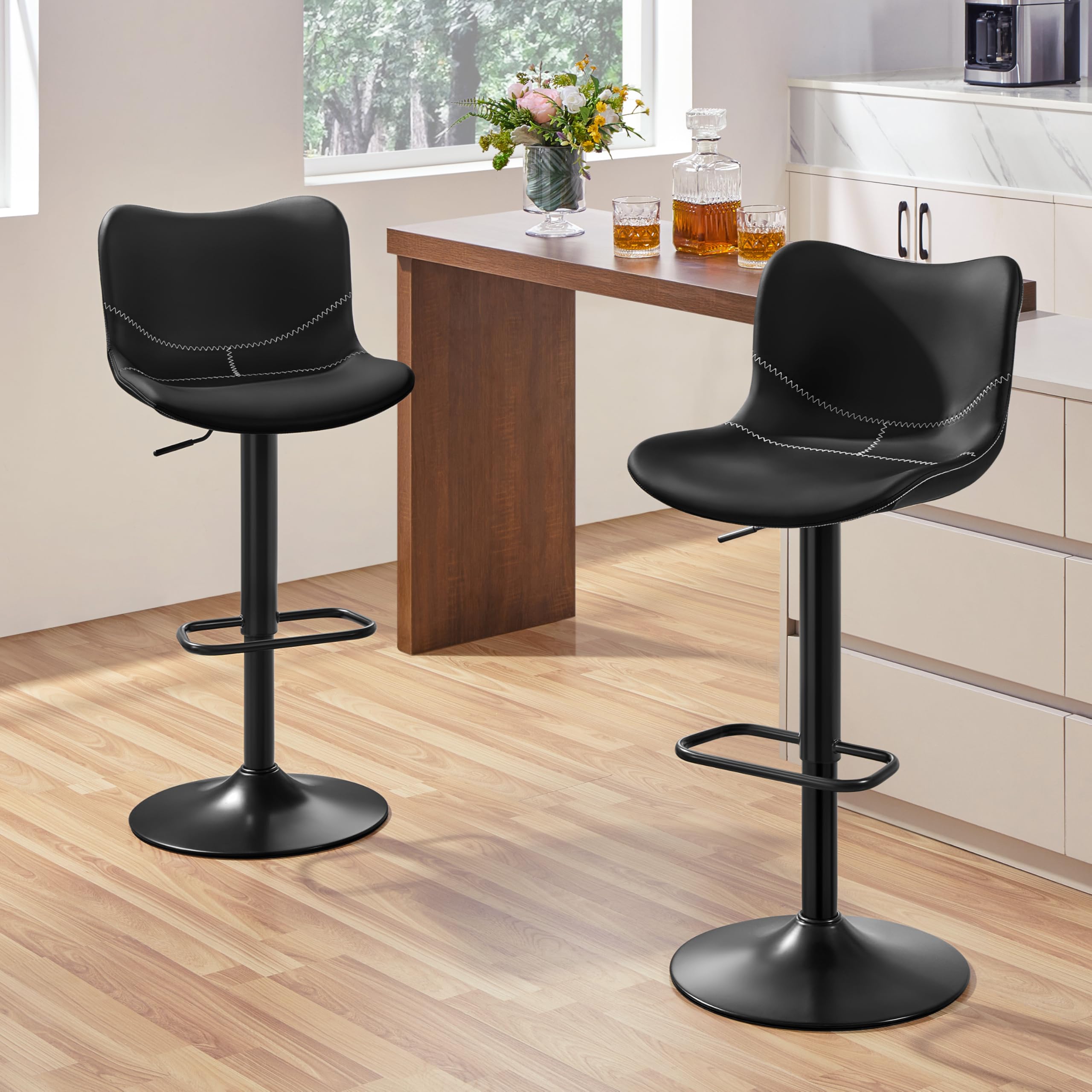 Yaheetech Tabourets de Bar Lot de 2 Réglable Hauteur - Noir | Hauteur Réglable 89-111cm avec Dossier | Charge Max 136kg, Base Métal Stable | Similicuir Hydrofuge | Cuisine, Bar, Salon