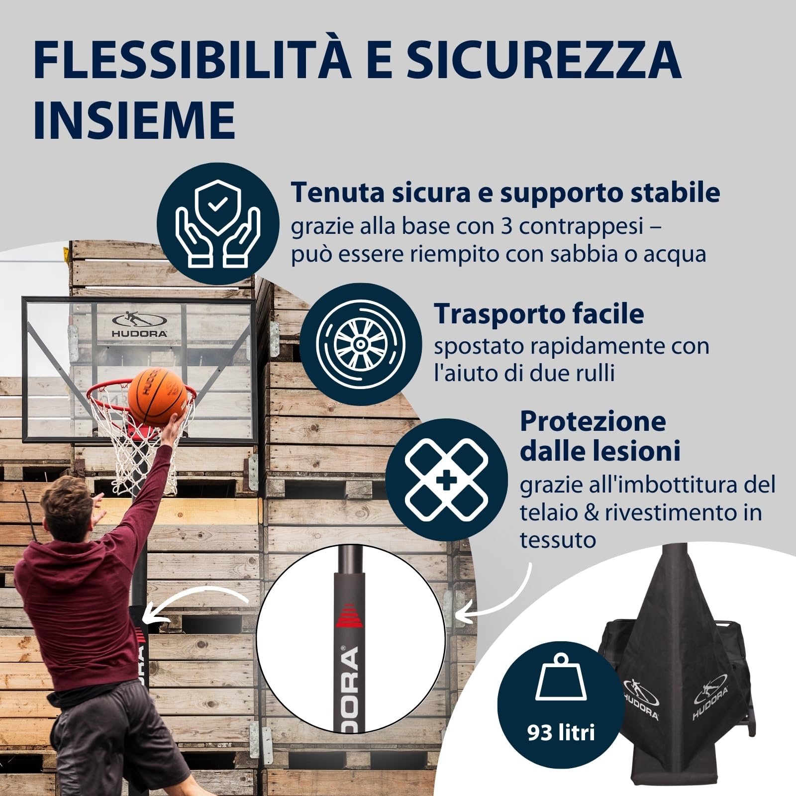 HUDORA Competition Pro - Canestro da basket regolabile in altezza con supporto per bambini/ragazzi e adulti - Canestro da basket mobile all'aperto - Cestino da basket con ruote