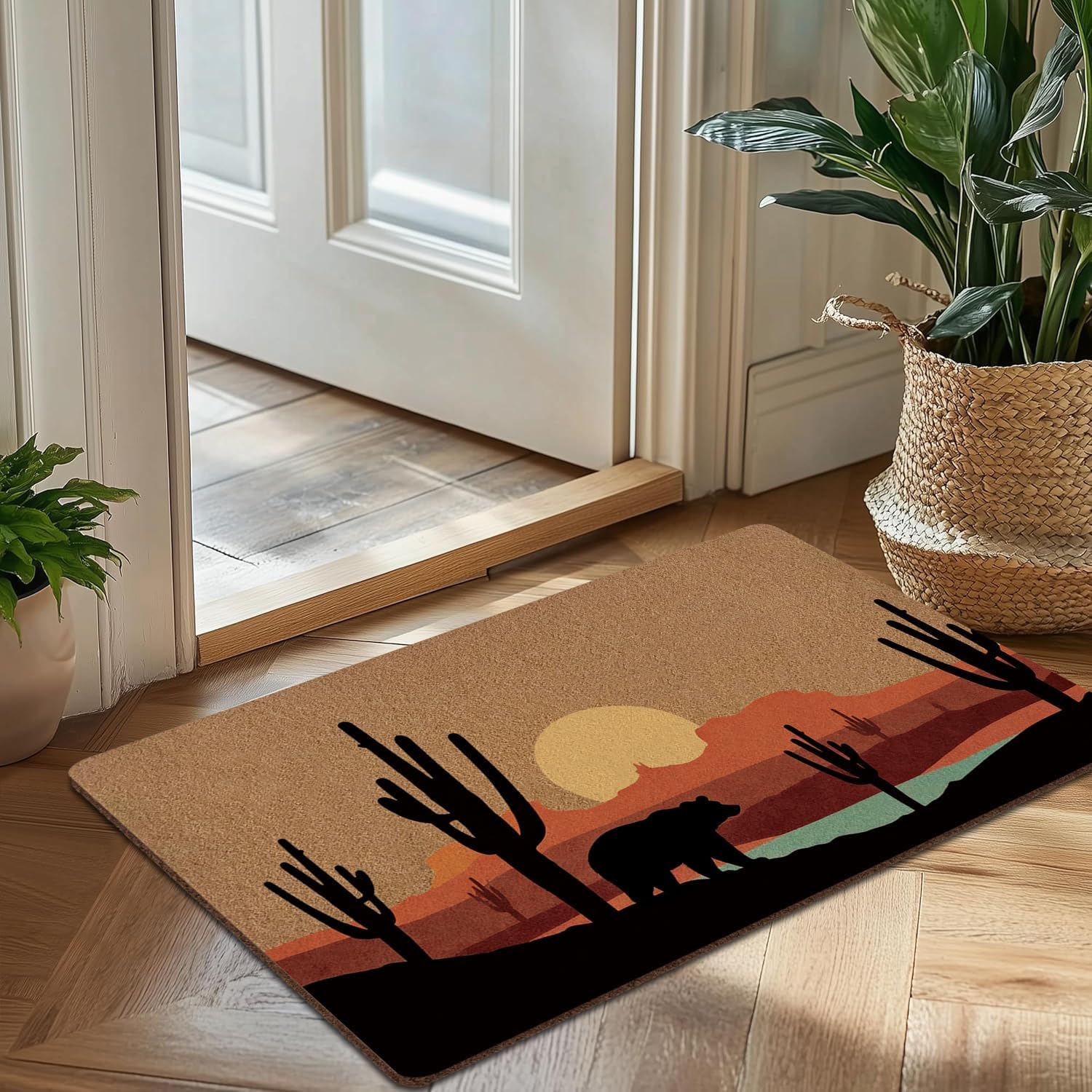 Boho Western Bear Cactus Door Mat, Desert Landcape Welcome Front Indoor Entrance Non Slip Artificial Coir Doormat, Rustic Western Porch Rustic Decor,17X30in