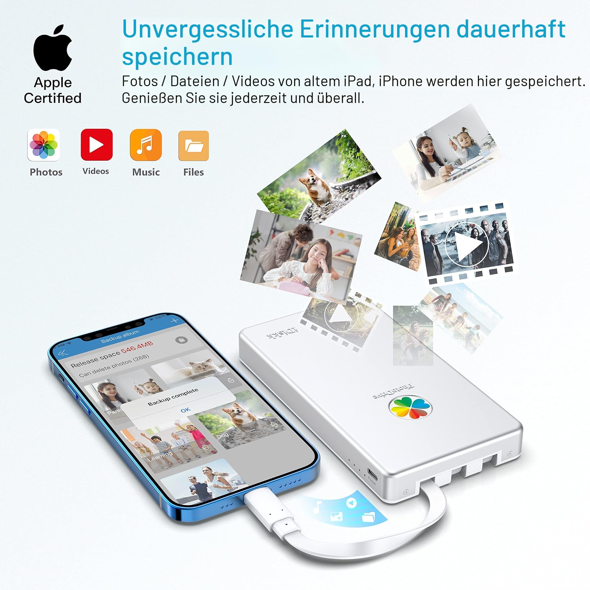iDiskk 2TB (2000GB) Lightning Externe Festplatte, 【MFi-zertifizierte】 -Speicherplatz 3-in-1 USB-C Tragbare Festplatten für iPhone/iPad/Mac/PC und neueste Type-C Telefone （Sliver）