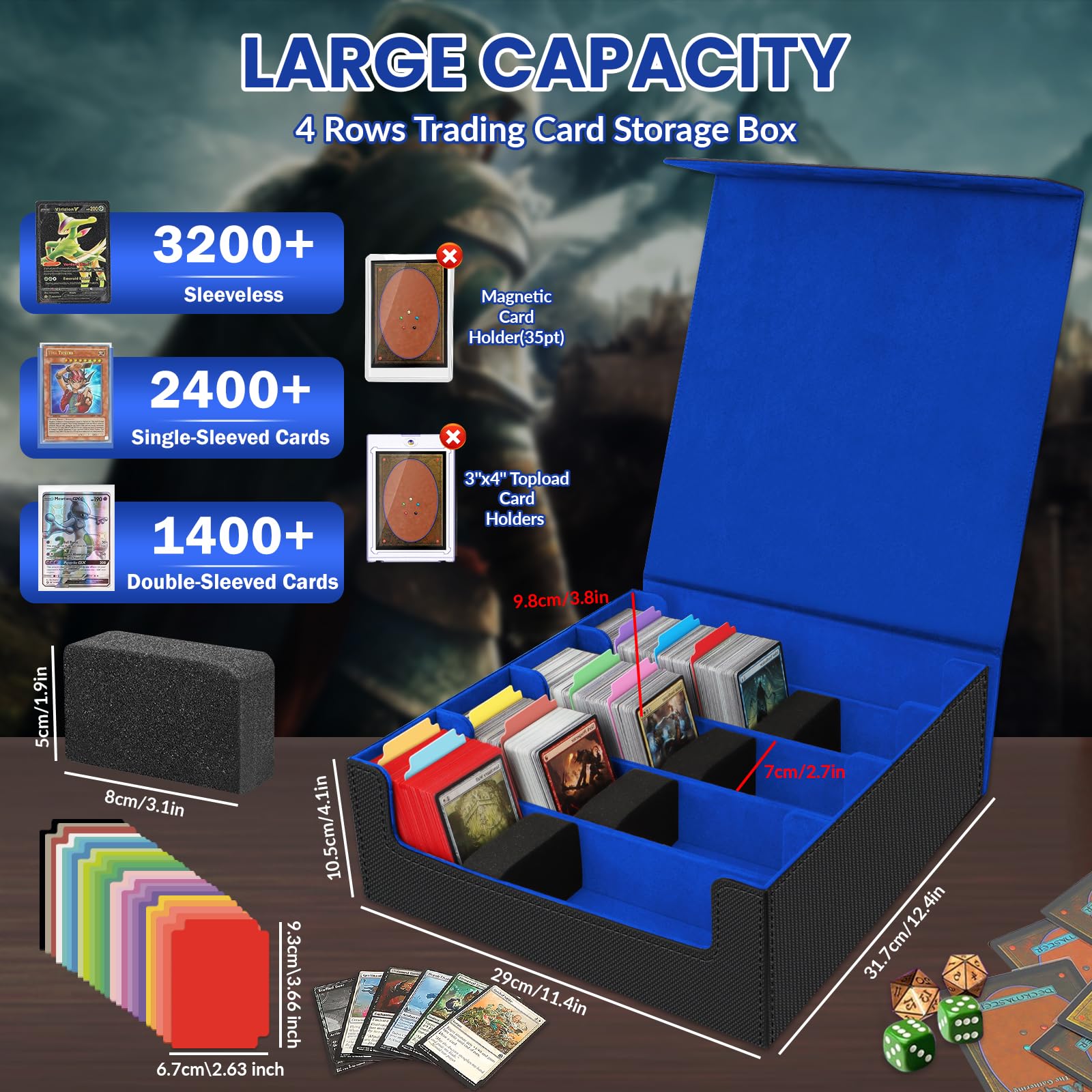 Boîte à Cartes pour Plus de 3200 Cartes, Boîtes de Rangement pour Cartes à Collectionner Avec 24 Séparateurs et 4 Mousse, Boîtes Magnétiques de Qualité Supérieure, pour Magic the Gathering(Noir Bleu)