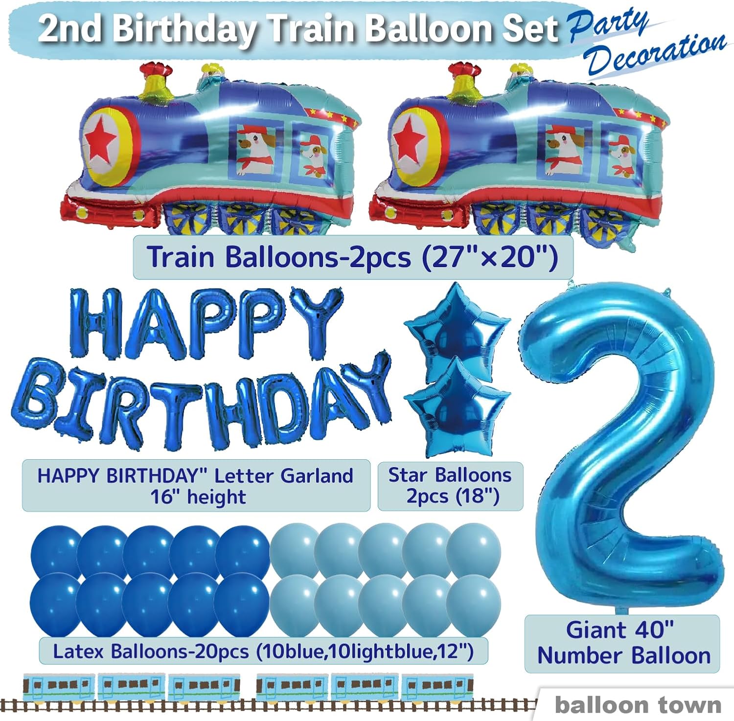 2nd Birthday Balloon Decorations for Boys, Blue Number 2 Foil Balloon Set, Train Theme Party Supplies with Star & Latex Balloons (2)