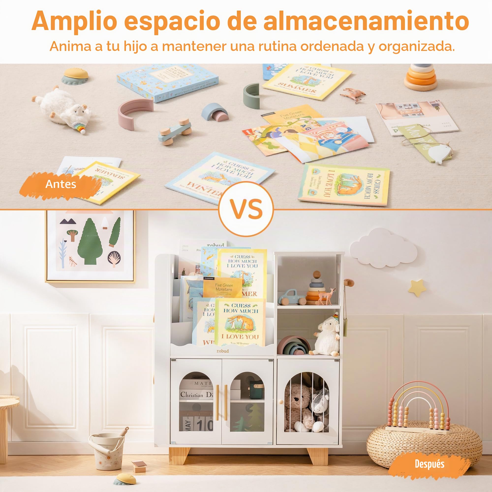 ROBUD Estantería para Libros Infantiles, Color Blanco, de Madera, Varios Niveles, con Zona de Almacenamiento de Juguetes, Armario Infantil para Grandes Libros de imágenes, Muebles Infantiles