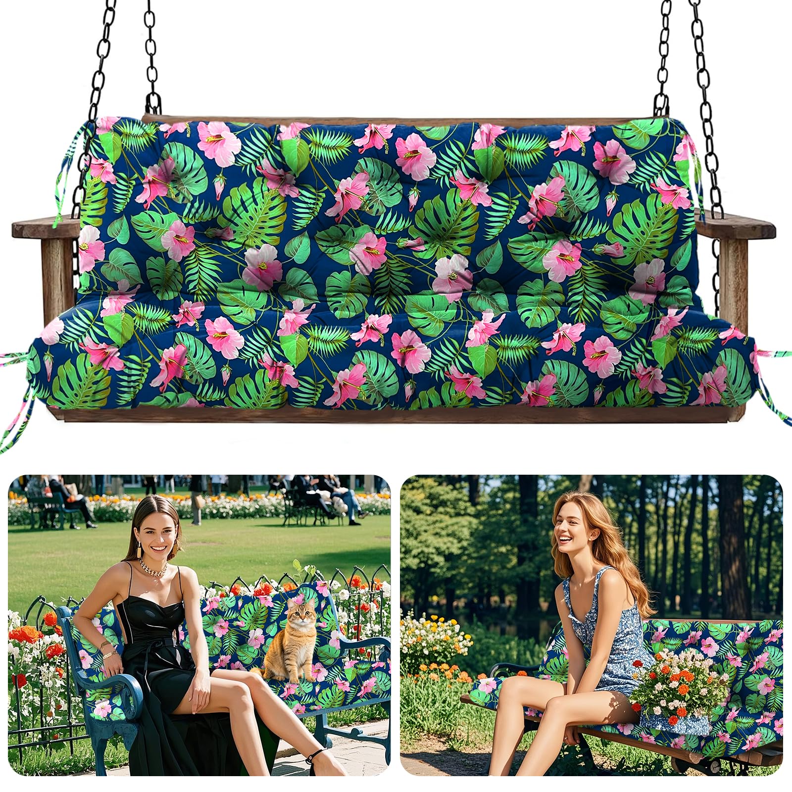 Amdieu Garden Swing Cushions 3 Seater Waterproof Bench Cushion with Backrest and 8 Ties 12cm ﻿Thick Swing Cushions Replacement for Outdoor Furniture Garden Porch Patio(Tropical Flowers-120 x 100 cm)