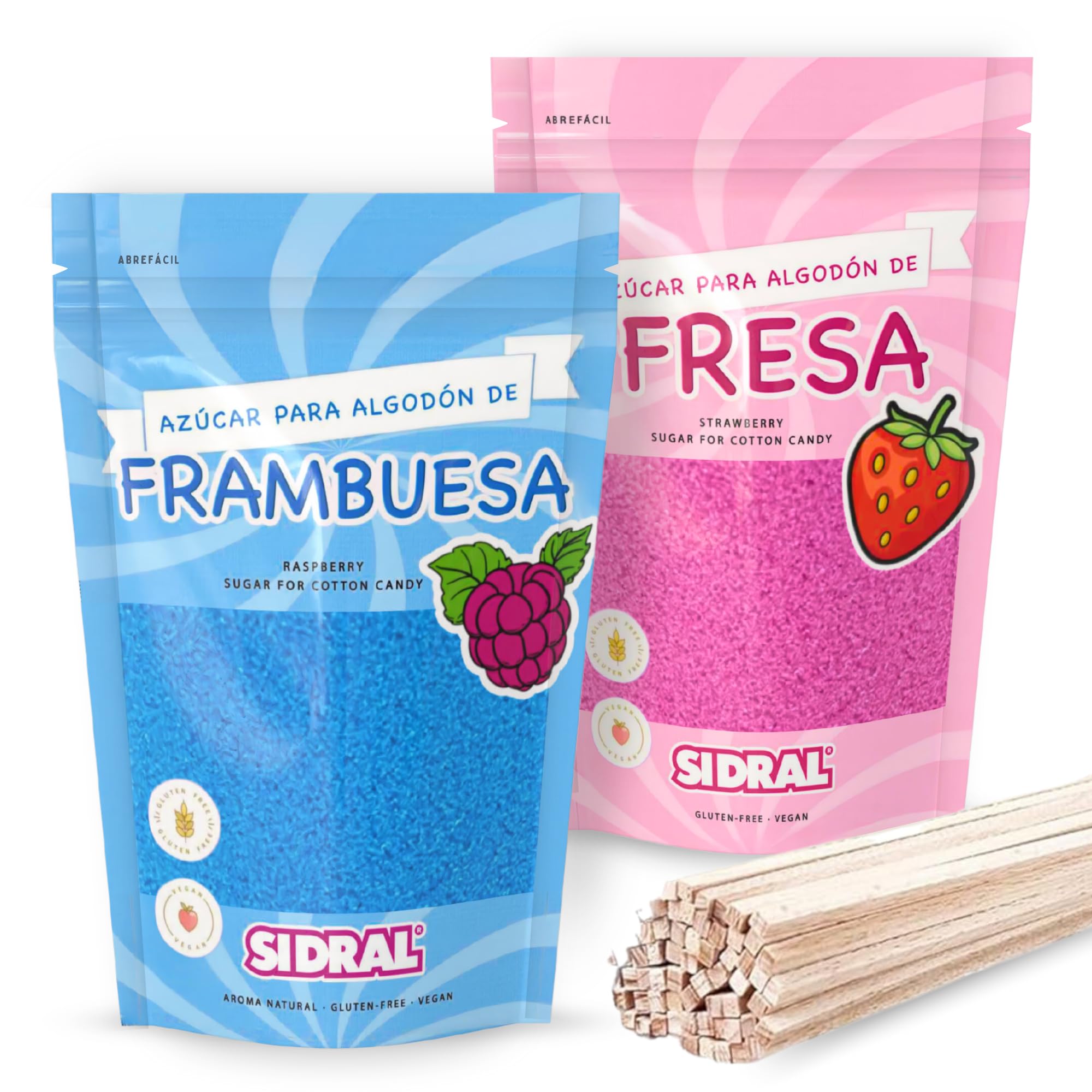 SIDRAL-Zucchero per Zucchero Filato (2x250 gr) - Set di 2 Gusti (Fragola / Lampone) - Aromi e Colori Naturali - 20 Bastoncini -