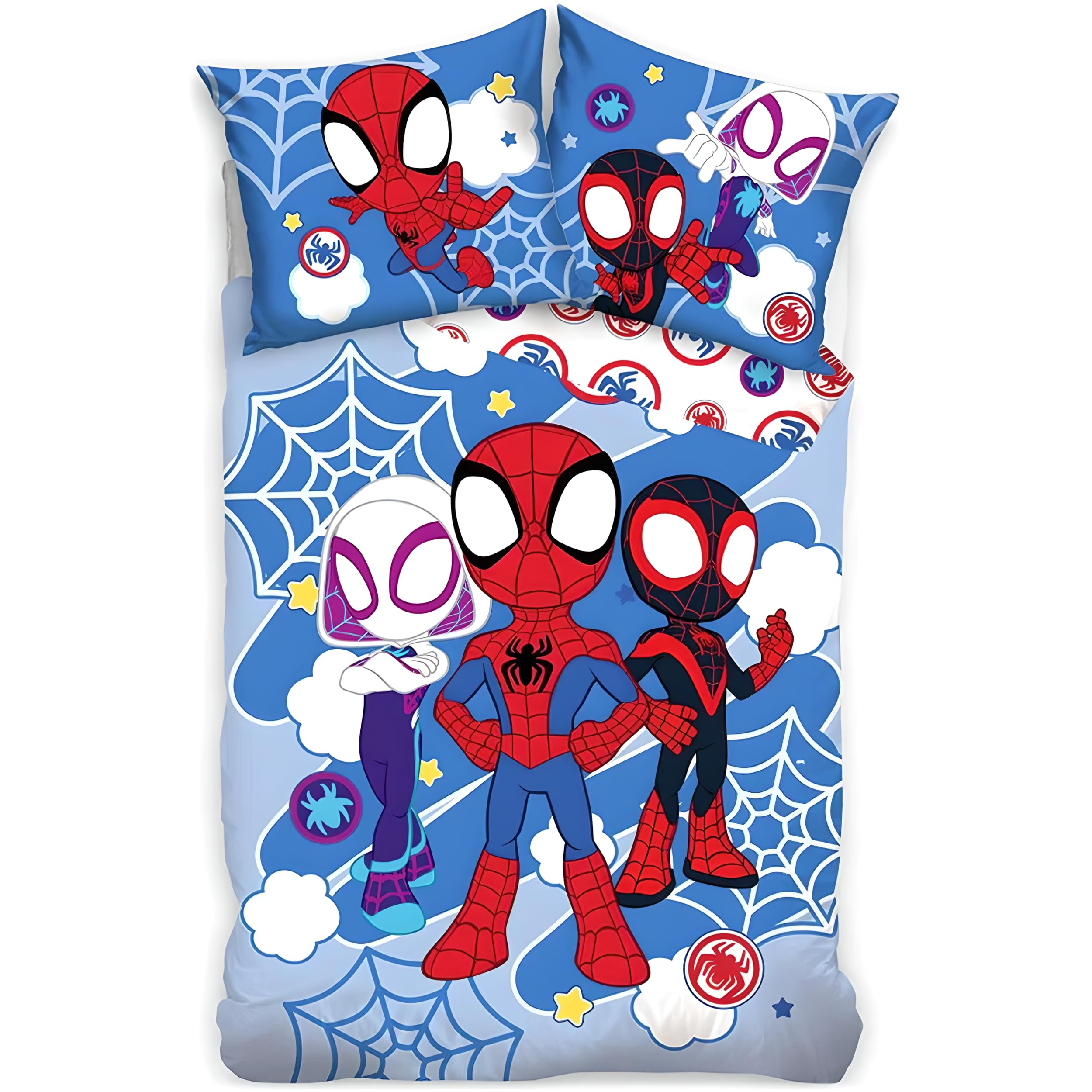 BrandMac Spidey & Friends Ensemble de Linge de lit pour Enfants | Housse de Couette 140 x 200 cm + Taie d’Oreiller 50 x 70 cm, 100% Coton | Linge de lit pour Enfants Doux et Respirant