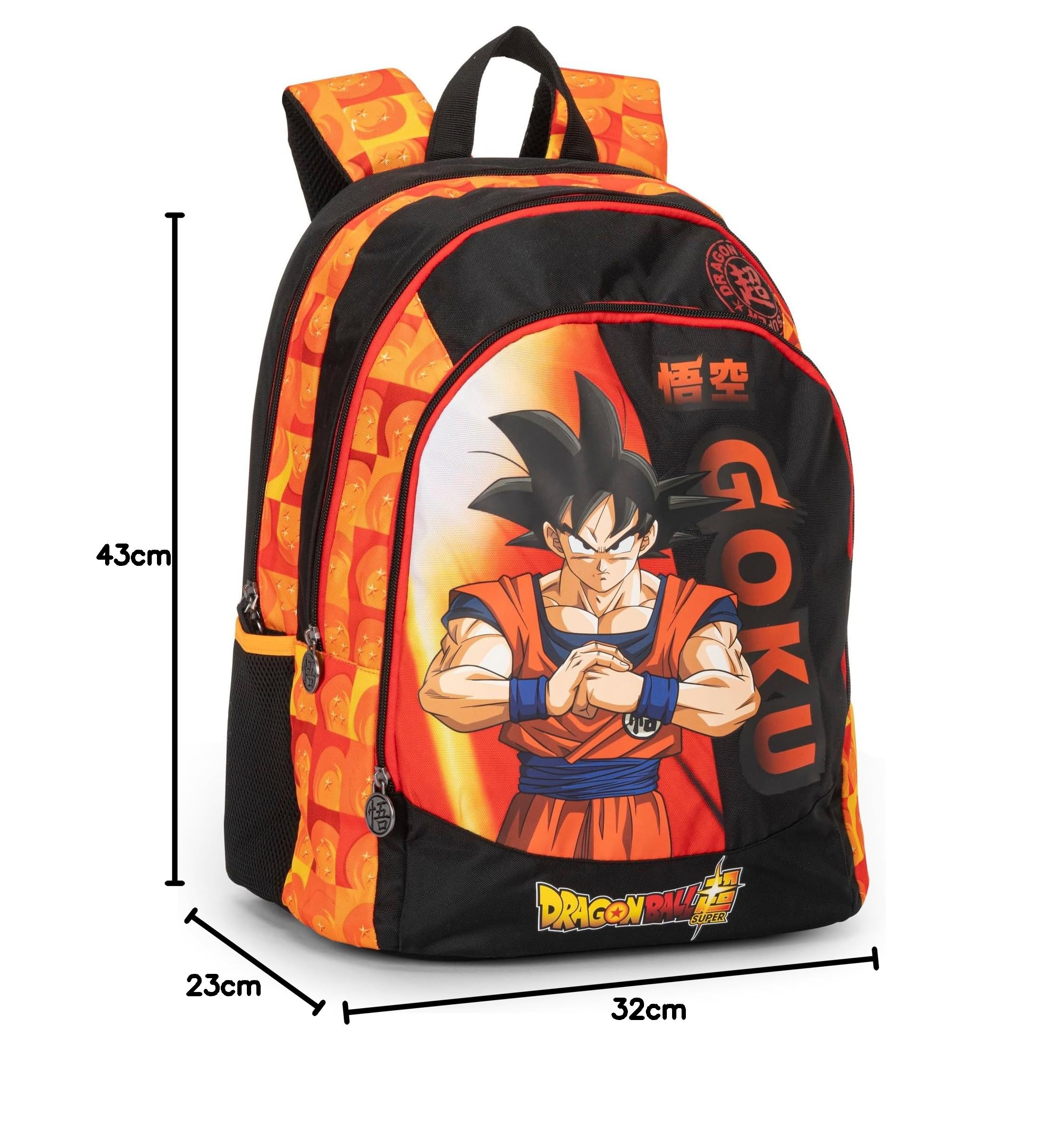 DRAGON BALL - Zaino Scuola Ufficiale Dragon Ball, con 2 Ampi Spazi Centrali, Capiente Tasca Frontale, Spallacci Regolabili e Imbottiti, Retro e Fondo Termoformati, 32x43Hx23cm, Nero-Arancione