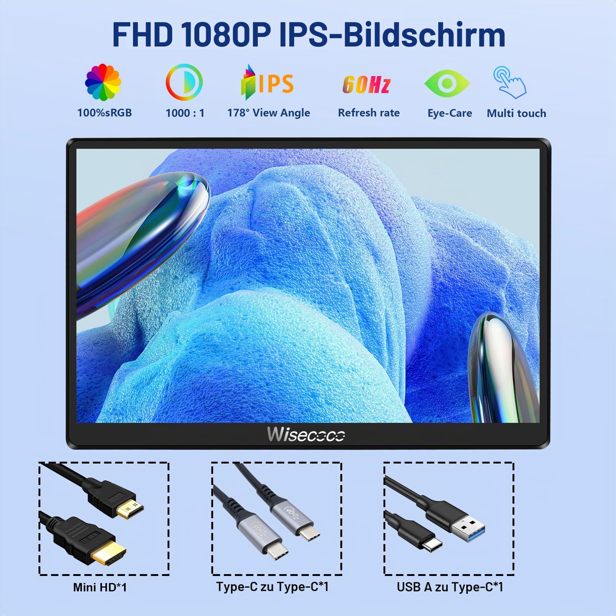 wisecoco 7 Zoll IPS Mini LCD Display 1080p 1920 x 1080 Pixel 120 Hz mit Touchscreen USB C und HDMI Anschluss ultradünn und leicht ideal für Gaming mit Switch PS5 Xbox Laptop PC und Raspberry Pi 5/4