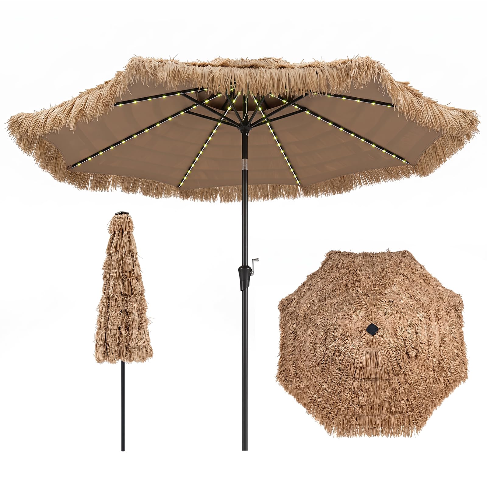 COSTWAY Sonnenschirm Hawaii mit LED-Beleuchtung, 300 cm Strohschirm kippbar | Gartenschirm mit 12 Beleuchtungsmodi & Kurbel, Strandschirm Stroh, Terrassenschirm für Garten, Balkon, Terrasse