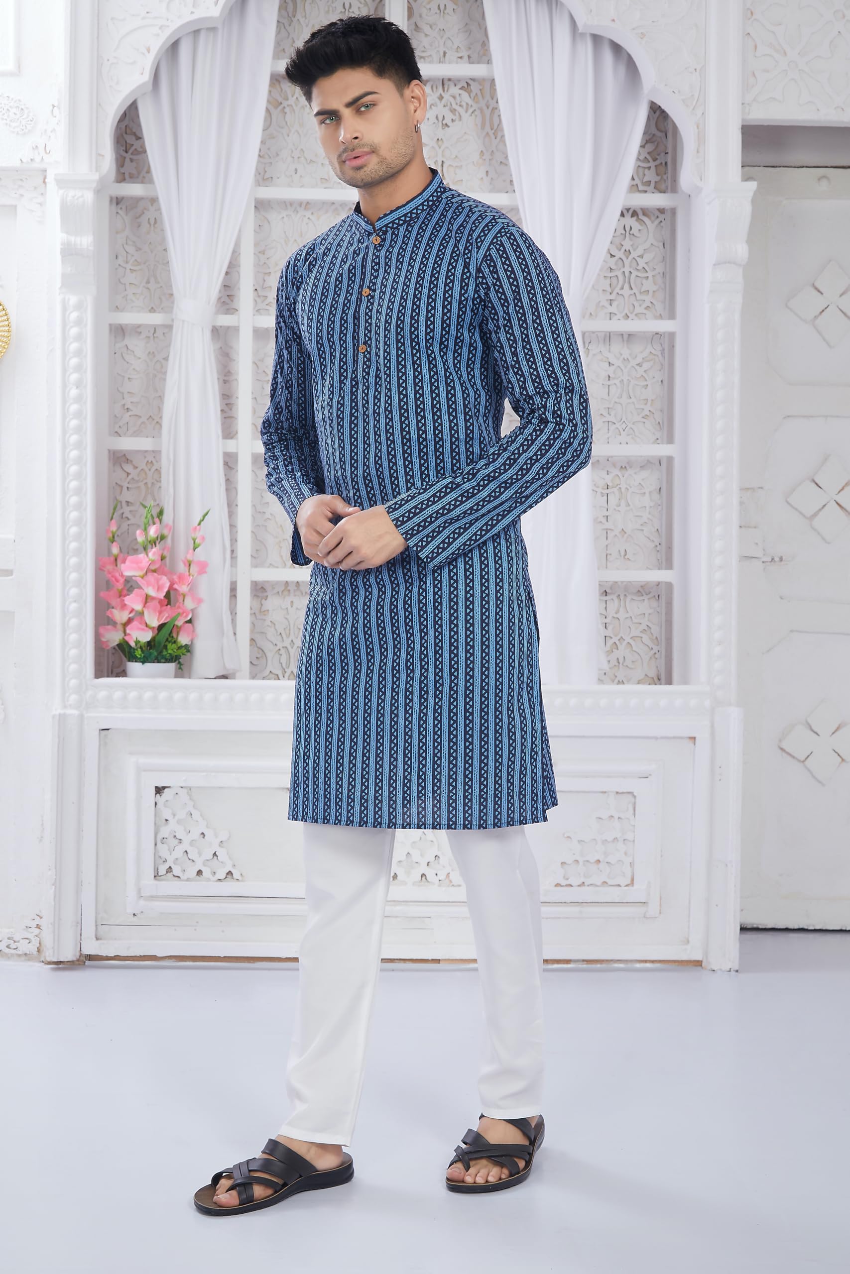 Divisive Men's Ethnic Block Printed Soft Pure Cotton Only Slim Fit Kurta (Dkrt656_M_Indigo)