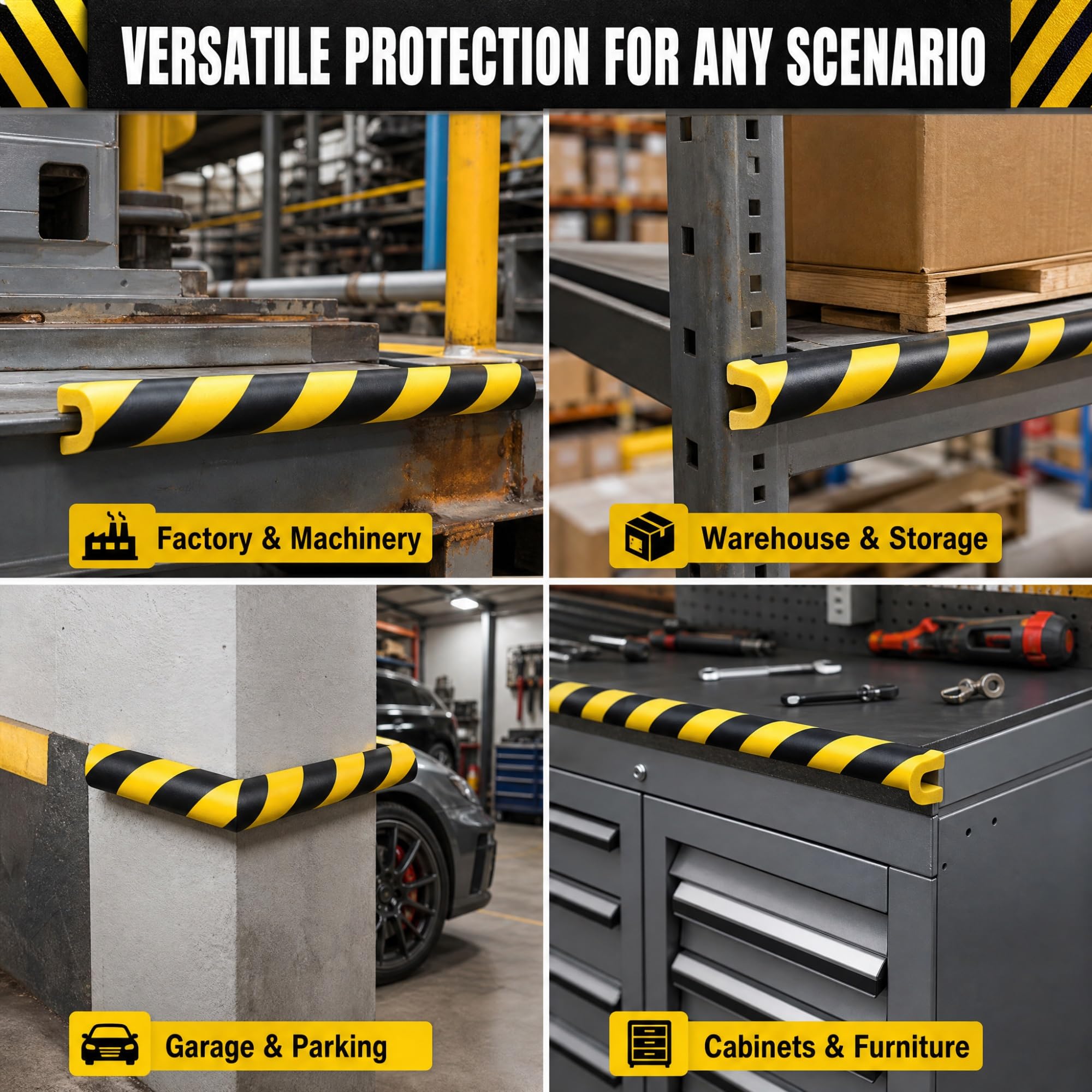 Protector Esquinas Pared Negro Amarillo de Espuma, Protector Mural Autoadhesivo 500Cm, Pack de 4 Protecciones Industriales for Borde Maquinaria