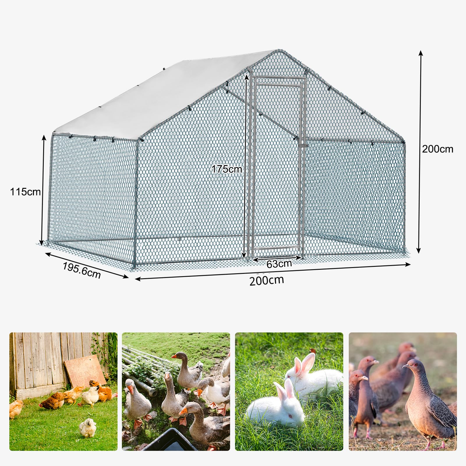 LEADZM Gallinero, 2 x 2 x 2 m, cercado para gallinas, 4 m², gran recinto con polietileno impermeable, de acero galvanizado, techo puntiagudo