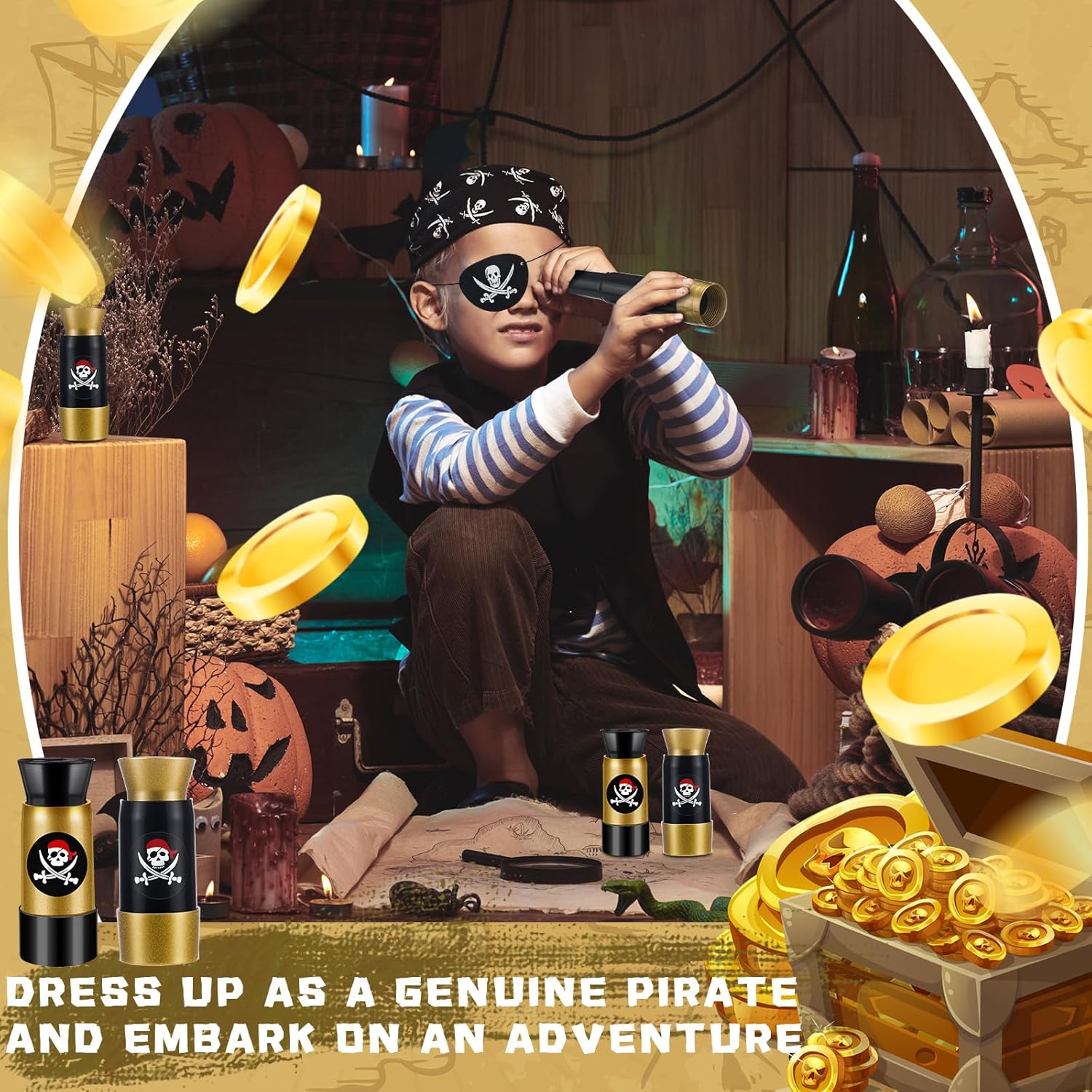 Libima 24 Set Pirate Eye Patches and Telescopes Sets for Kids, Plastic Pirate Telescopes Patch Bulk Halloween Party Supplies Kids for Theme Birthday Supplies